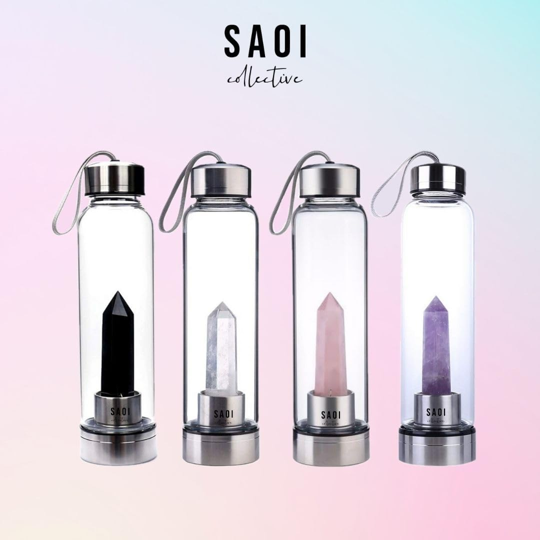 SAOI Crystal Water Bottle - Rose Quartz Gemstone Infused Elixir - Natural Wellness Healing - Glass/Stainless Steel - Water Bottle W/ Amethyst image number 3