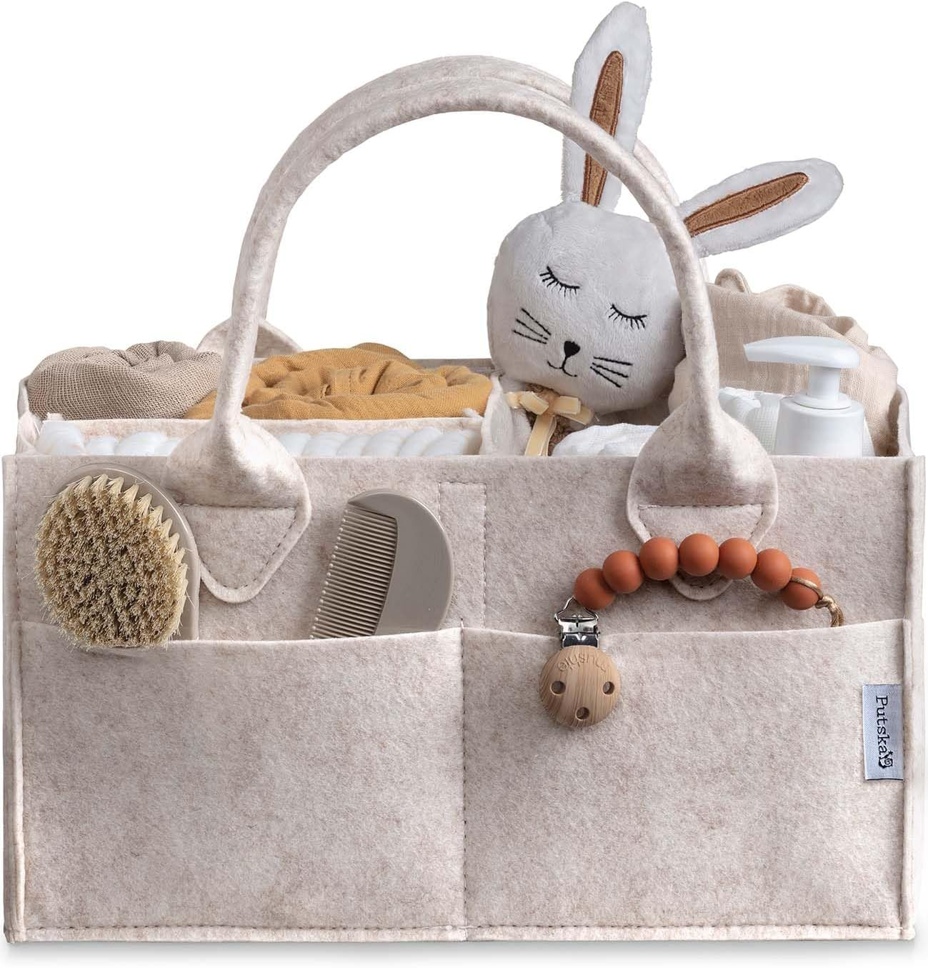 PUTSKA Baby Diaper Caddy Organizer - Nursery Storage Basket for Diaper Station, Baby Basket Shower Gift List and Registry Must-Have, Newborn Essentials, Nursery Decor for Boy or Girl - Grey, Large