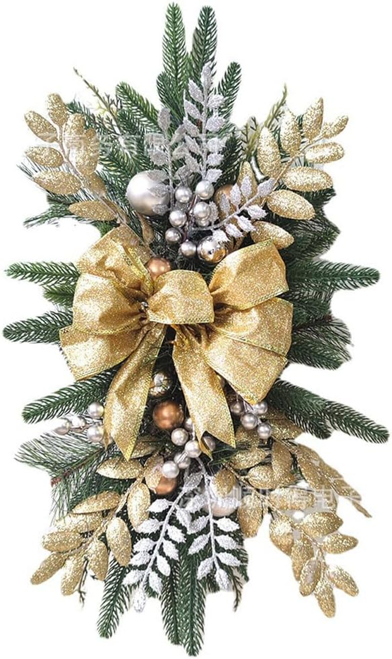 Cordless Pre-Lighting Stair Decoration, Christmas LED Wreath for Indoor Outdoor Home Christmas Front Door Holiday Wall Window Ornament (Gold)