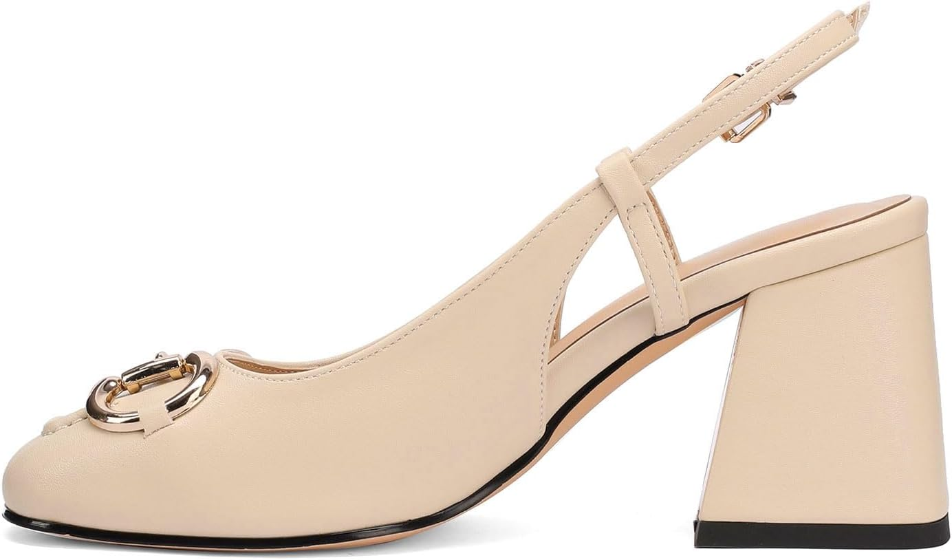 Women'S Fashion Square Closed Toe Slingback Pumps with Buckle Chic Gold Buckle Block Heel Slingback Shoes Work Date Dressy High Heel Slingbacks for Women image number 3