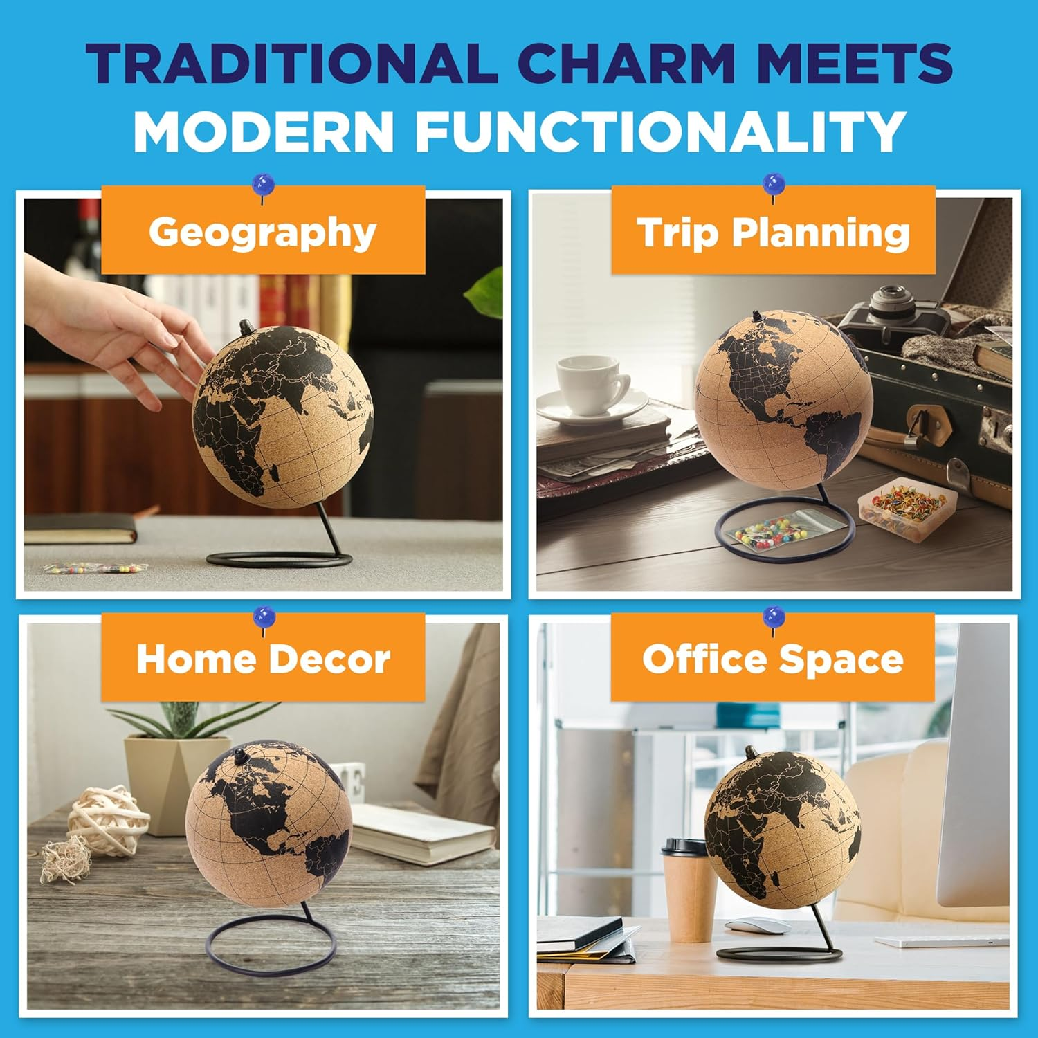 Globe Trekkers - Mini Cork Globe with 50 Different Coloured Push Pins & Durable Stainless Steel Base Great for Mapping Travels & Educational Purposes Does Not Have Plastic Strip like Most image number 6