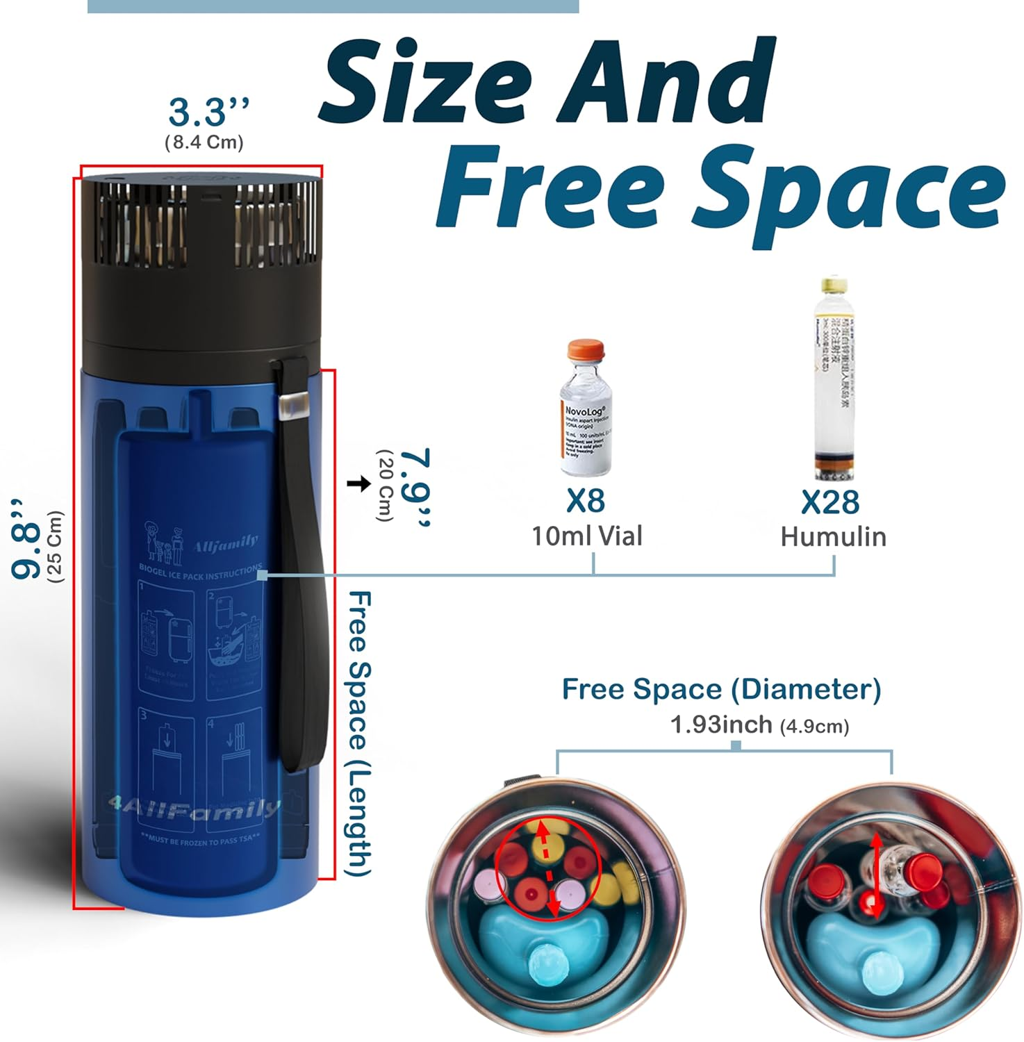 4ALLFAMILY 72 Hours 7 Pen Medical Insulin Cooler Travel CASE USB Charger + BIOGEL Ideal Diabetic Medicine Portable Insulina Carrying Bag TSA Approved Medication Bottle Diabetes Storage Vial (BLUE) image number 3