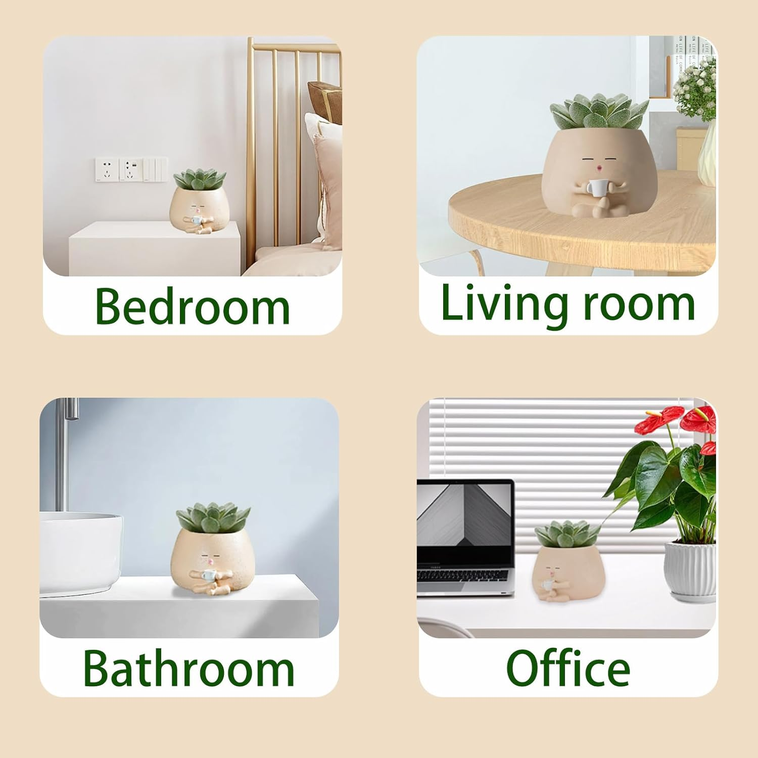 2Pcs Smiley Face Planter Pot, FHDUSRYO Cute Resin Flower Head Planters for Indoor Outdoor, Unique Sit Succulent Pots with Drainage Hole for Mothers Day, Teacher, Plant Lovers (Coffee, 14X8.5Cm) image number 5