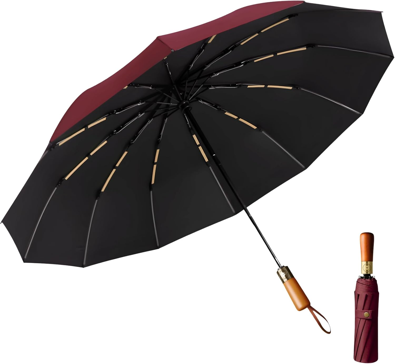 Windproof 12-Rib Auto-Opening Umbrella with Wooden Handle &ndash; Compact Folding Umbrella for Travel, Strong Rain and Sun Protection, UPF UV, Large Portable Golf Beach Parasol image number 1