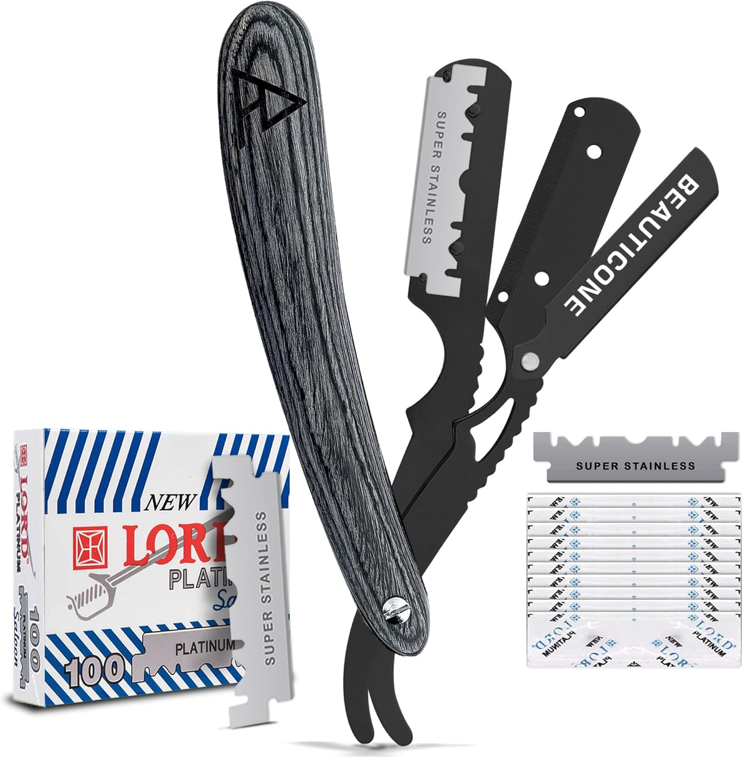 Straight Razors for Men, Straight Edge Razor, 100 Single Edge Blades, Stainless Steel, Barber Razor for Men'S Shaving, Barber Shaving Knife, Swinglock - Black  Gray With Leaf Handle image number 4