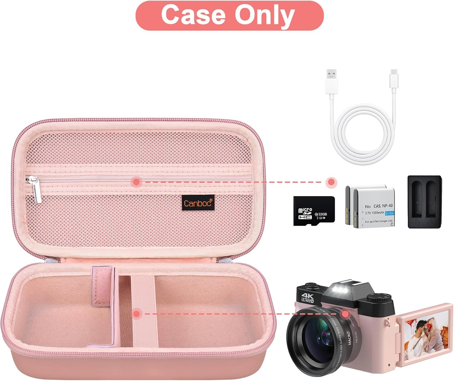 Canboc 4K Digital Camera Case for Oiadek/Vjianger/Hicshon/Vetek 4K Vlogging Camera, Vlogging Camera Bag with Removable Shoulder Strap, Mesh Pocket Fit Lens, Battery, Cable, Rose Gold (Case Only) image number 6