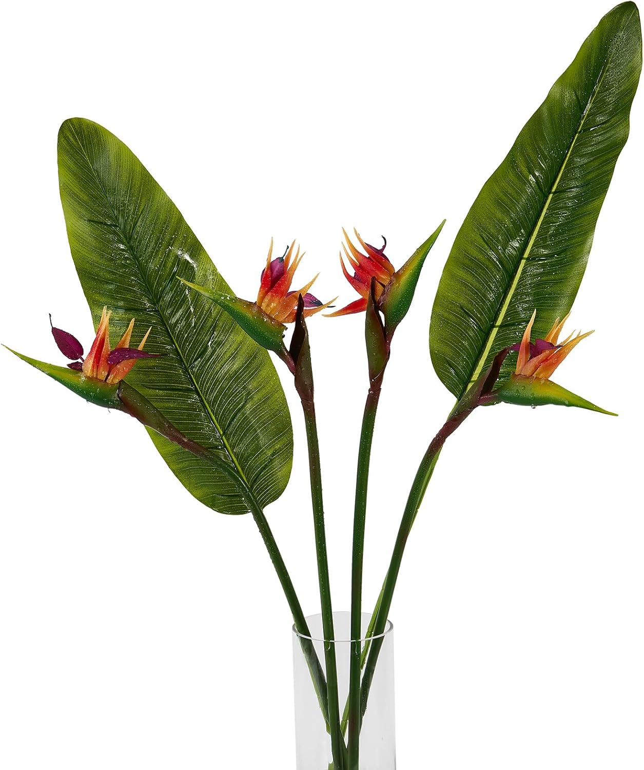 Artificial Bird of Paradise Flowers Real Touch 24'In Long Stem Flower 4 Pcs, with Bird of Paradise Leaves 28'In Long Stem Greenery Plants 2 Pcs,For Home Garden Wedding Party Decor (Orange 6 Stems)