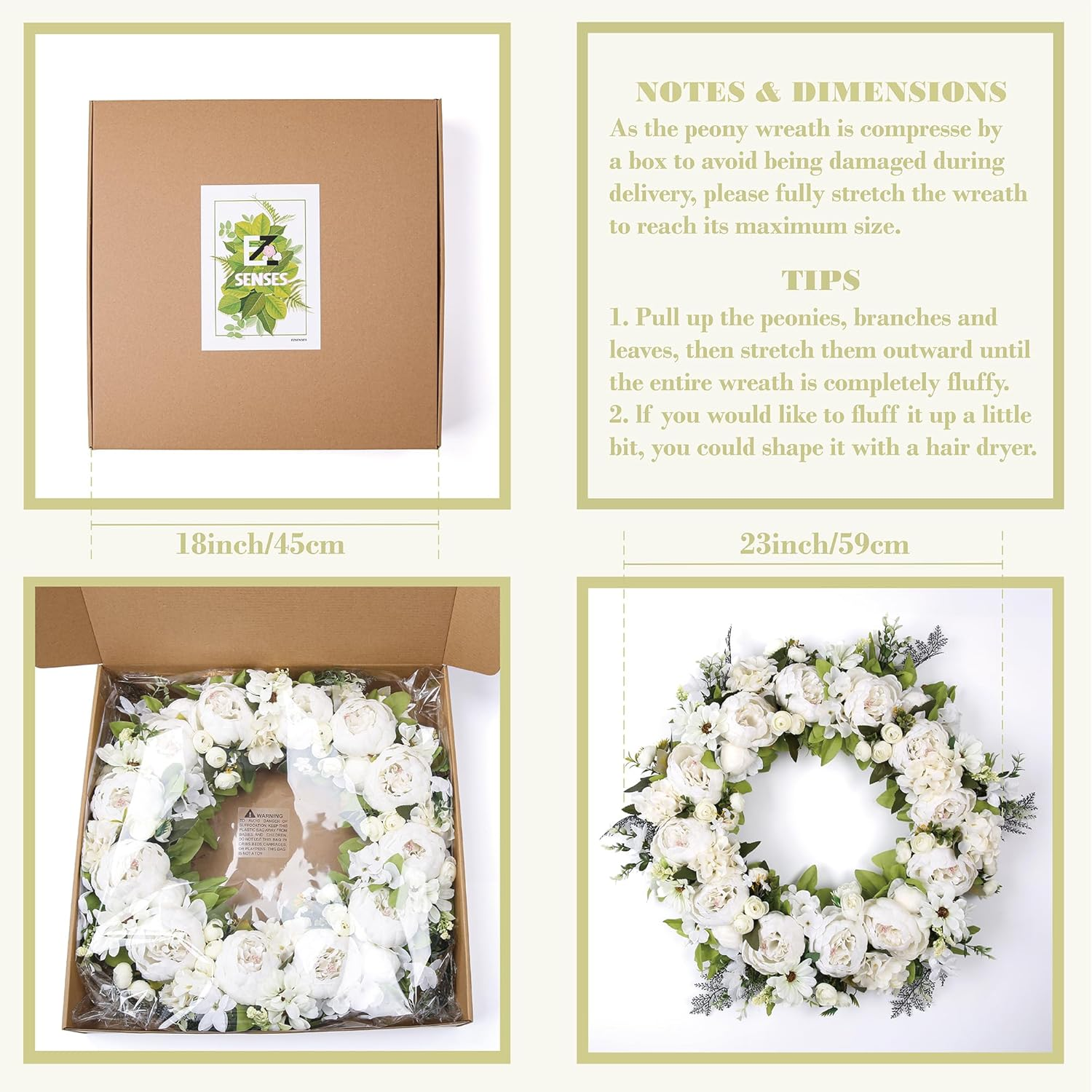 Peony Wreath 23" Floral Artificial Wreath for Front Door Wall Decor Home D&eacute;cor Festival Celebration Wedding Party New Owners Seasonal Decoration Housewarming Gifts Ezsenses (White)