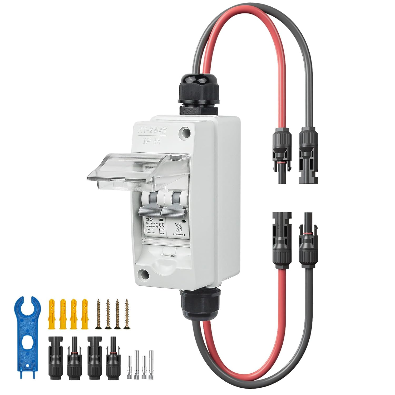 Solar Panel Disconnect Switch, 60A 400V, 2 Pole DC/AC Miniature Circuit Breaker with IP65 Weatherproof Box and Pre-Wired Cables image number 4