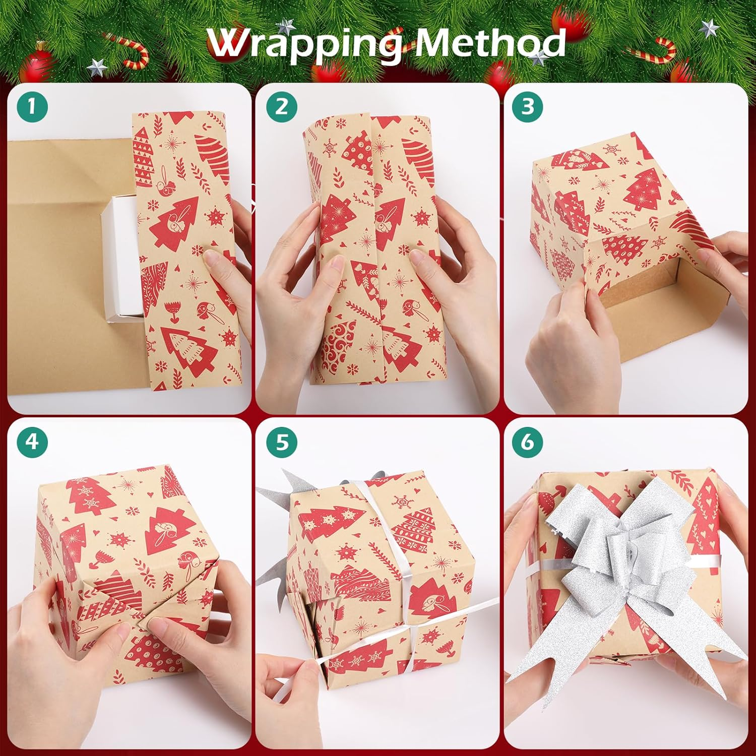 Wrapping Paper 50 * 70CM Xmas,Geeric 6PCS Wrapping Kraft Paper+Tape+9Tag+10Pull Bow+Renewable Santa Claus Snowflakes Vintage DIY Package Gift Box Decoration Paper for Christmas New Year Party - Style 1 image number 2