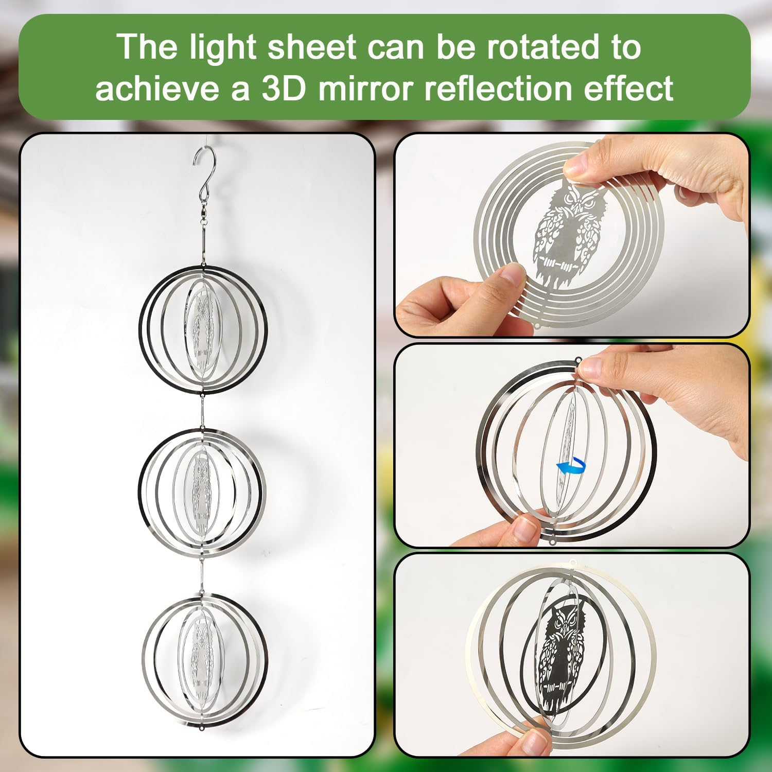 3Pcs Owl Bird Bird Reflective Discs Set, Stainless Steel Disc Highly Reflective Double-Sided Bird Reflectors Metal Wind Spinner Birds Away from Garden Yard Decor image number 2