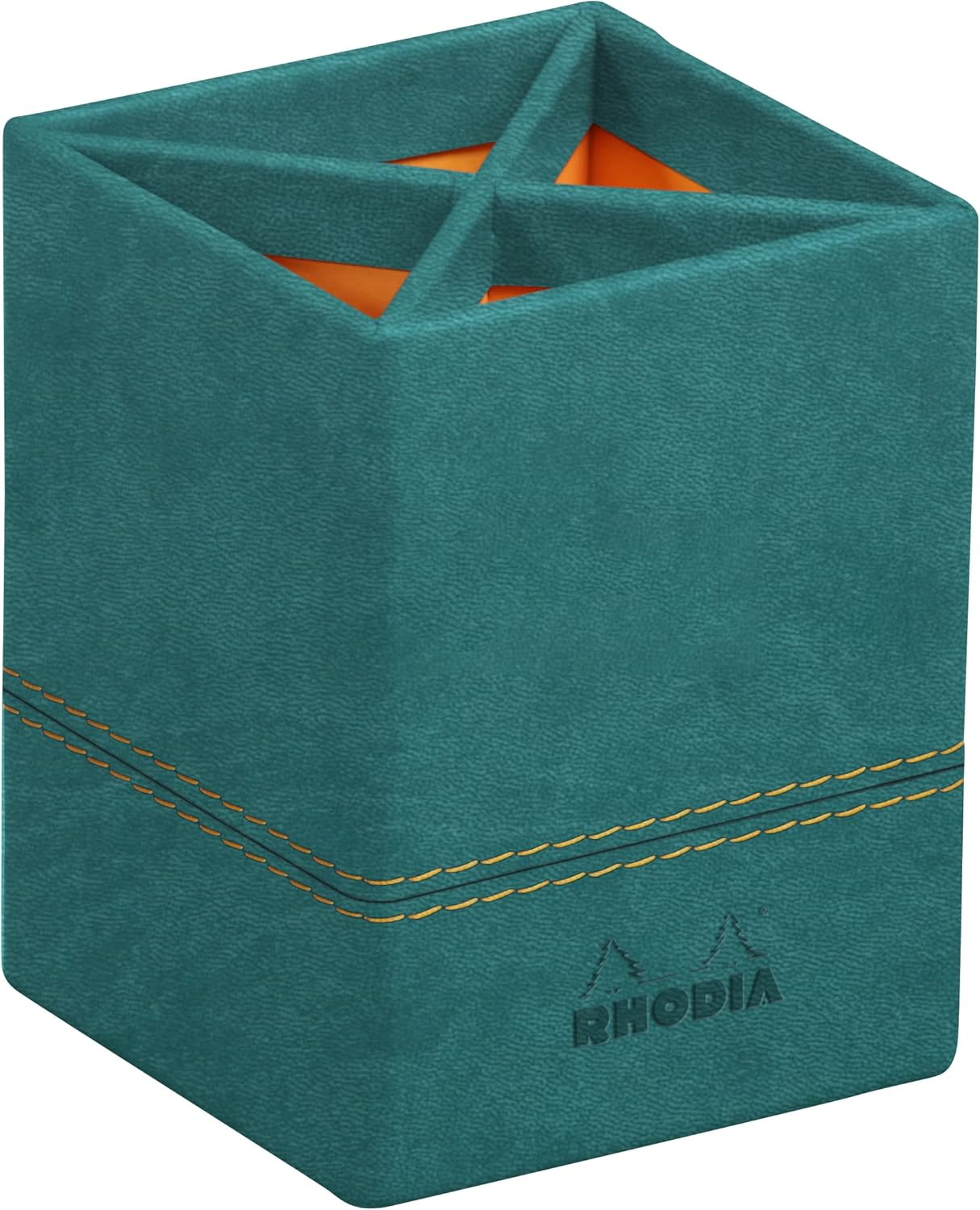 RHODIA 194532C - Peacock Pencil Holder - 8X8X11 Cm - Orange Saddle Stitching - Faux Leather Exterior - Home Office Collection Rhodiarama - Office Organization & Design Storage