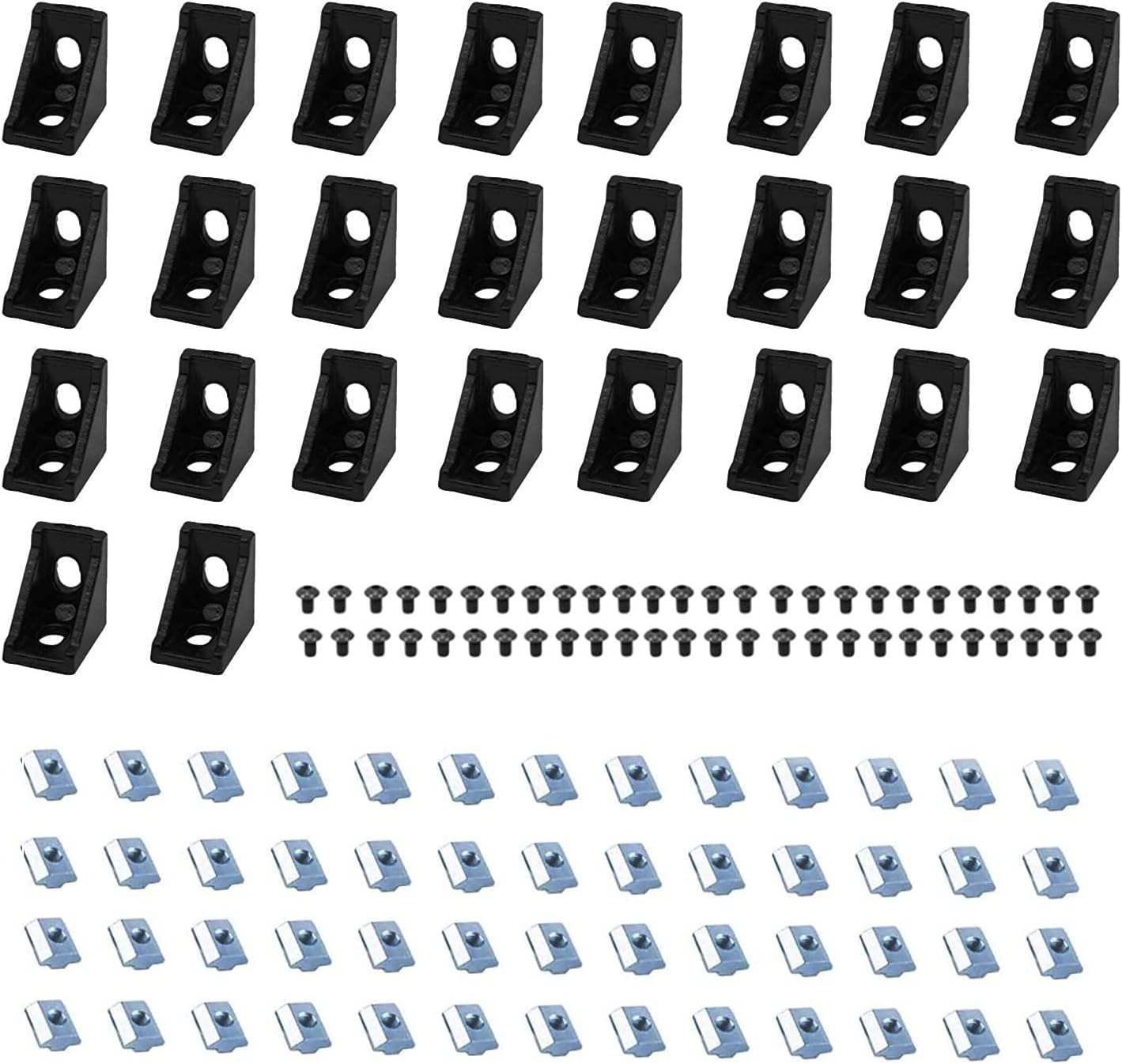 Seekliny 26Pcs 2020 Corner Bracket Connector Aluminum Extrusion Hardware V-Slot T-Slot Accessories with T Nuts and Screws for 8020 Aluminum Profile 3D Printer Frame Accessories Black