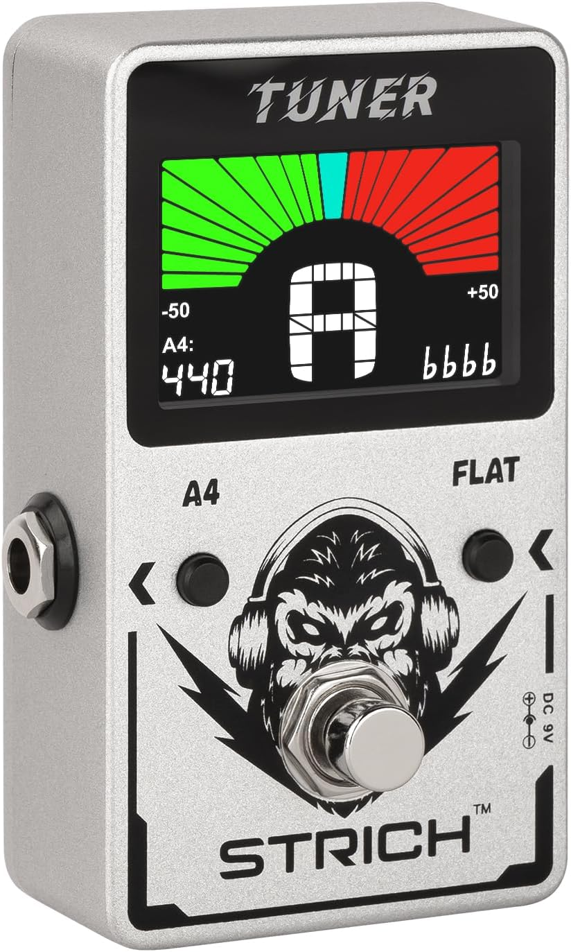 STRICH Guitar Tuner Pedal with Large Color Screen, Precision Chromatic Tuning, 430-450Hz A4, True Bypass for Electric Guitar and Bass, Silver