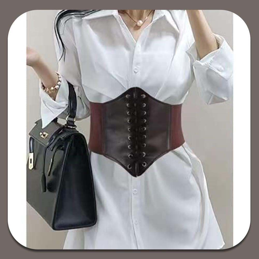Women'S Waist Cincher Belts,Wide Elastic Tied Leather Waspie Waist Belt for Dresses image number 4