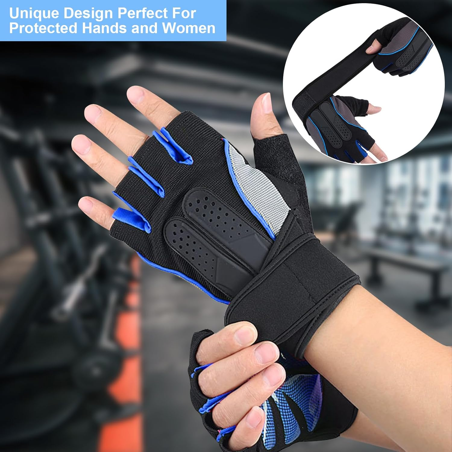 Women'S Gym Gloves with Wrist Protection, Breathable and Non-Slip Cycling Gloves, Ideal for Gym Workouts, Fitness Exercises, Weightlifting (Blue-Xl) image number 5