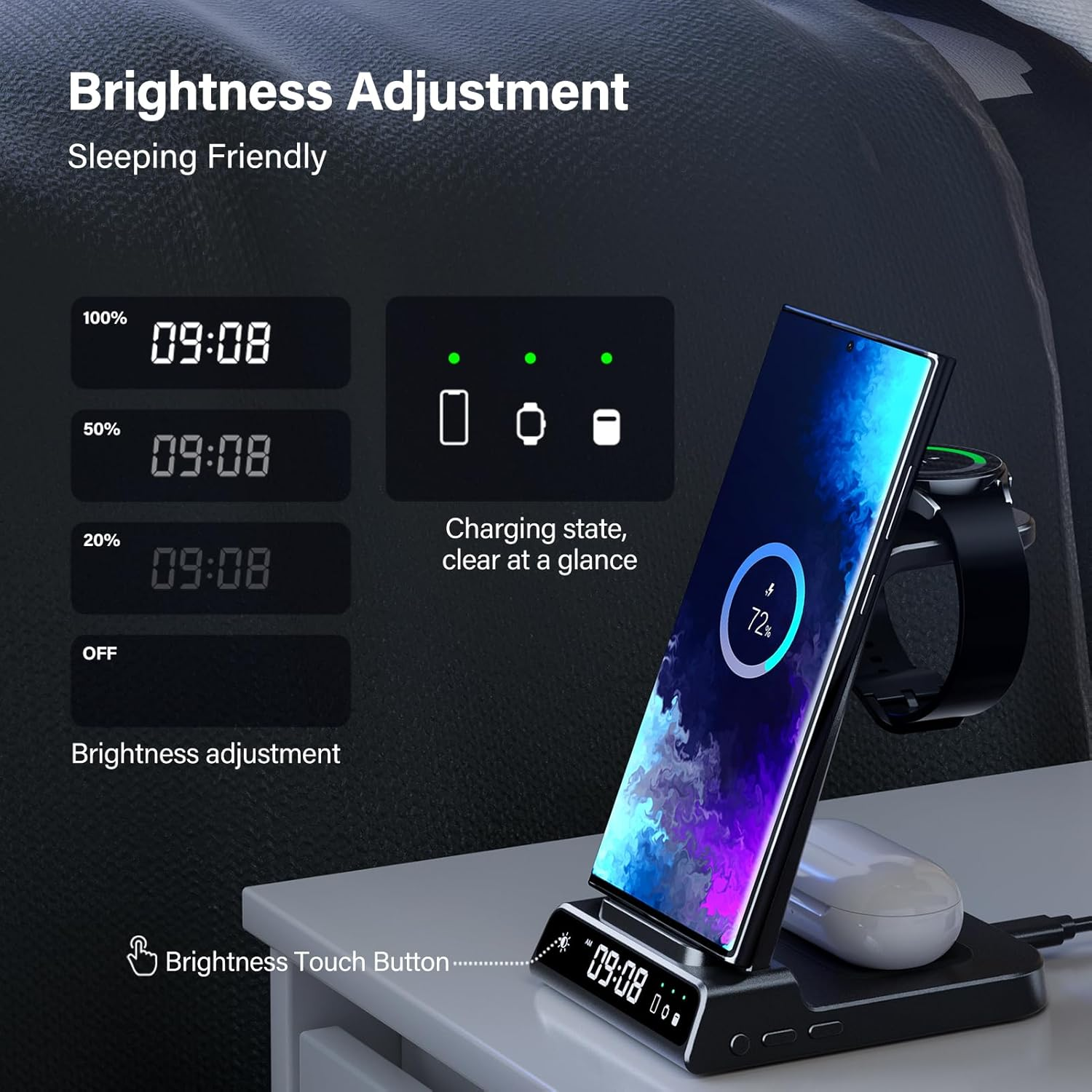 Phelinta Wireless Charger for Samsung, 3 in 1 Wireless Charging Station for Galaxy S25 Ultra/S24/S23/Note 20/Z Flip 7/Fold 6, Charger Stand for Samsung Galaxy Watch 8/Ultra/7/6/5, Galaxy Buds 3/3 Pro image number 4