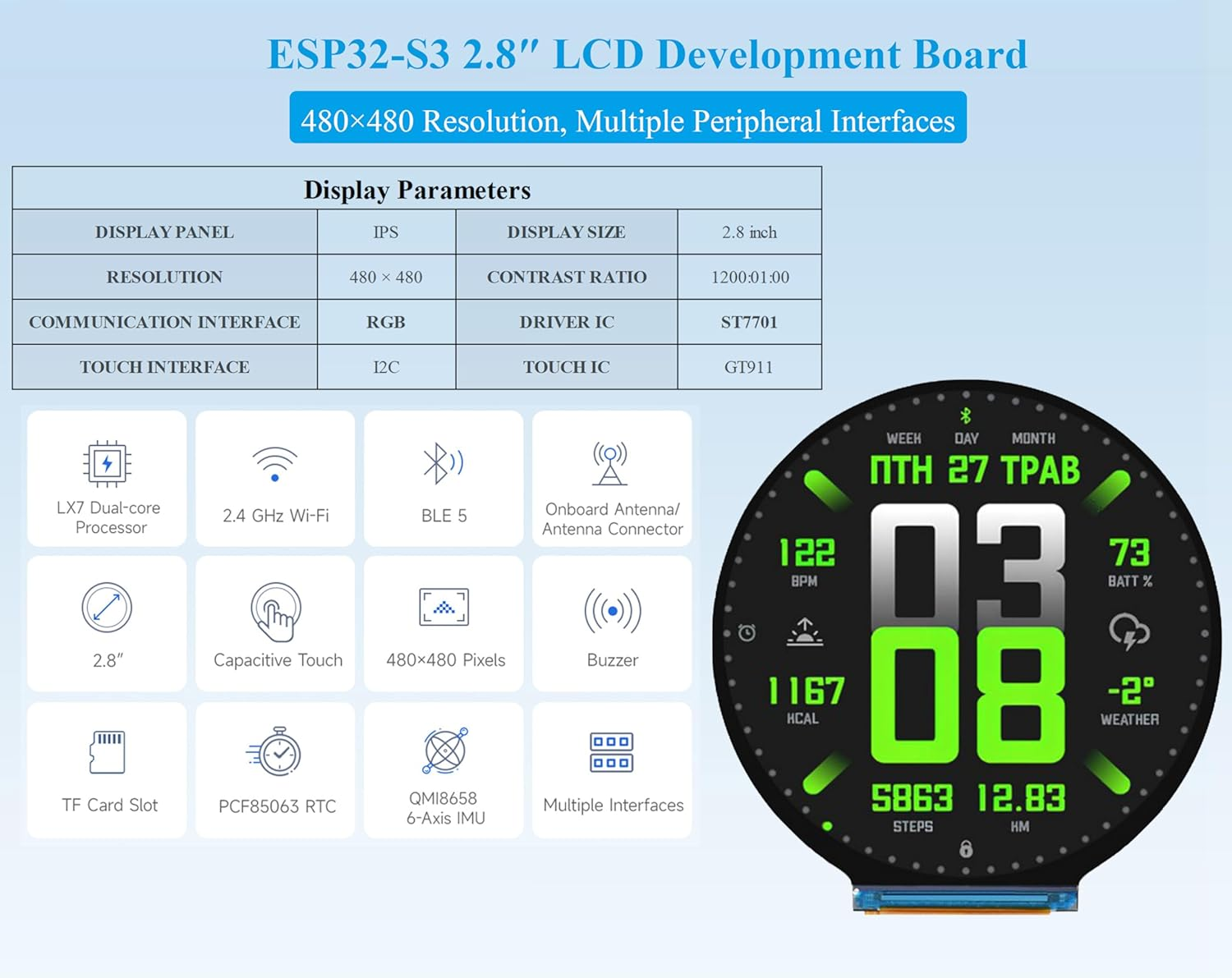 Ueekkoo ESP32-S3 2.8" round Display Development Board, 480X480 Resolution IPS Display, 32-Bit LX7 Dual-Core Processor, Wifi & BLE, Single Board Computer image number 4