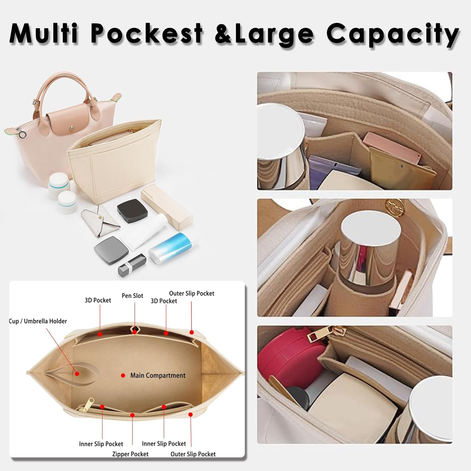 Purse Organizer Insert for Longchamp,Tote Bag Organizer Insert, Multi Pocket Felt Handbag Organizer (Beige, Large) image number 4