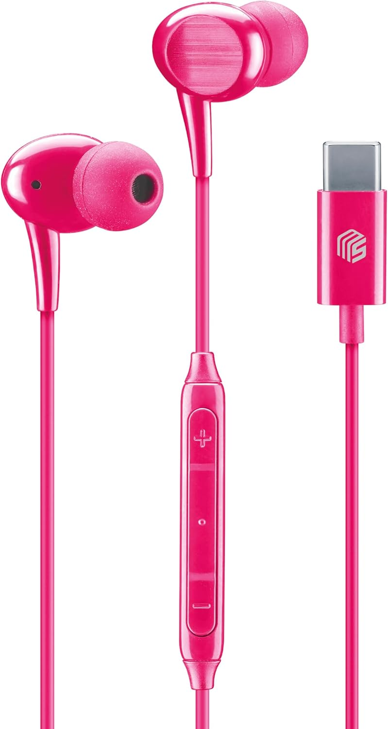 Music Sound - Capsule Headphones - Headphones with Cable and Microphone - USB-C Compatibility - Metal Details - Colour Pink