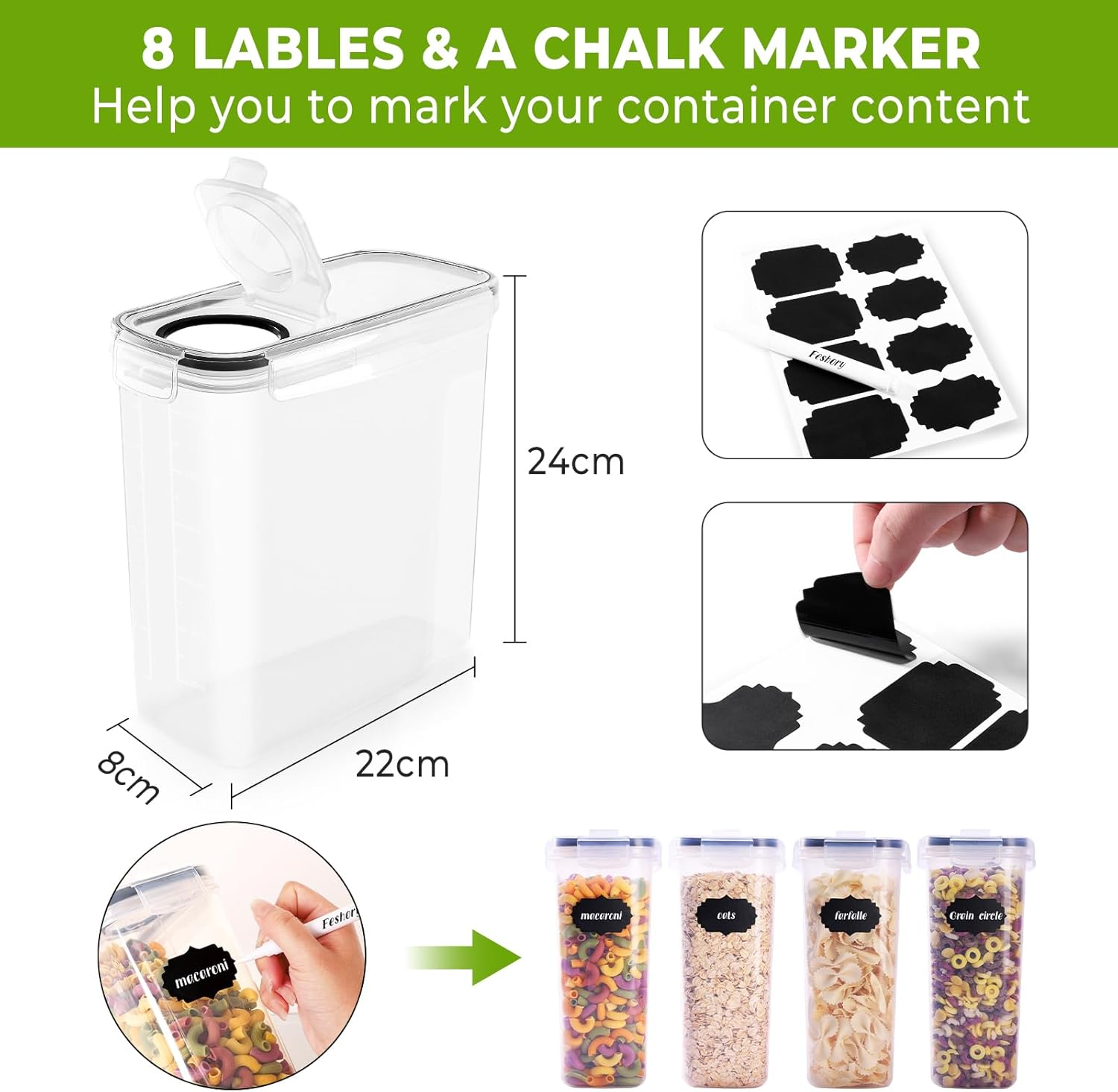 Feshory 4 Pack Cereal Containers Storage (4L/135.2Oz) - Airtight Food Storage Containers, Cereal Dispenser for Pantry & Kitchen Storage Organisation with 8 Labels and Marker (4 X 4L) image number 5