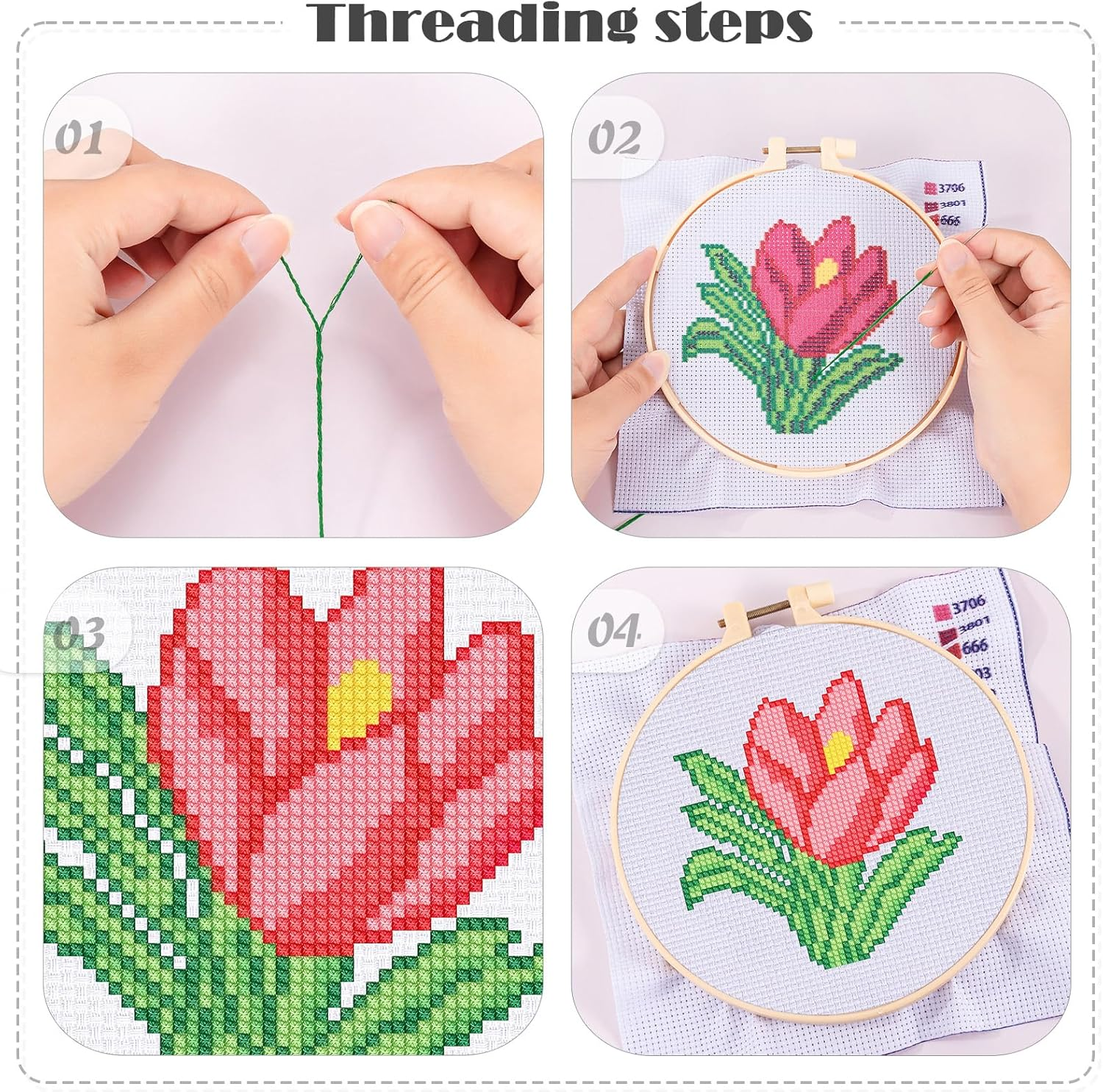 JSRQT 6Pcs Flower Cross Stitch Starter Kit for Beginners, DIY Art Sewing Embroidery Kit for Adults and Kids, Needlepoint Embroidery Kit with 2 Embroidery Hoop for Craft Lovers Embroidery Supplies image number 3