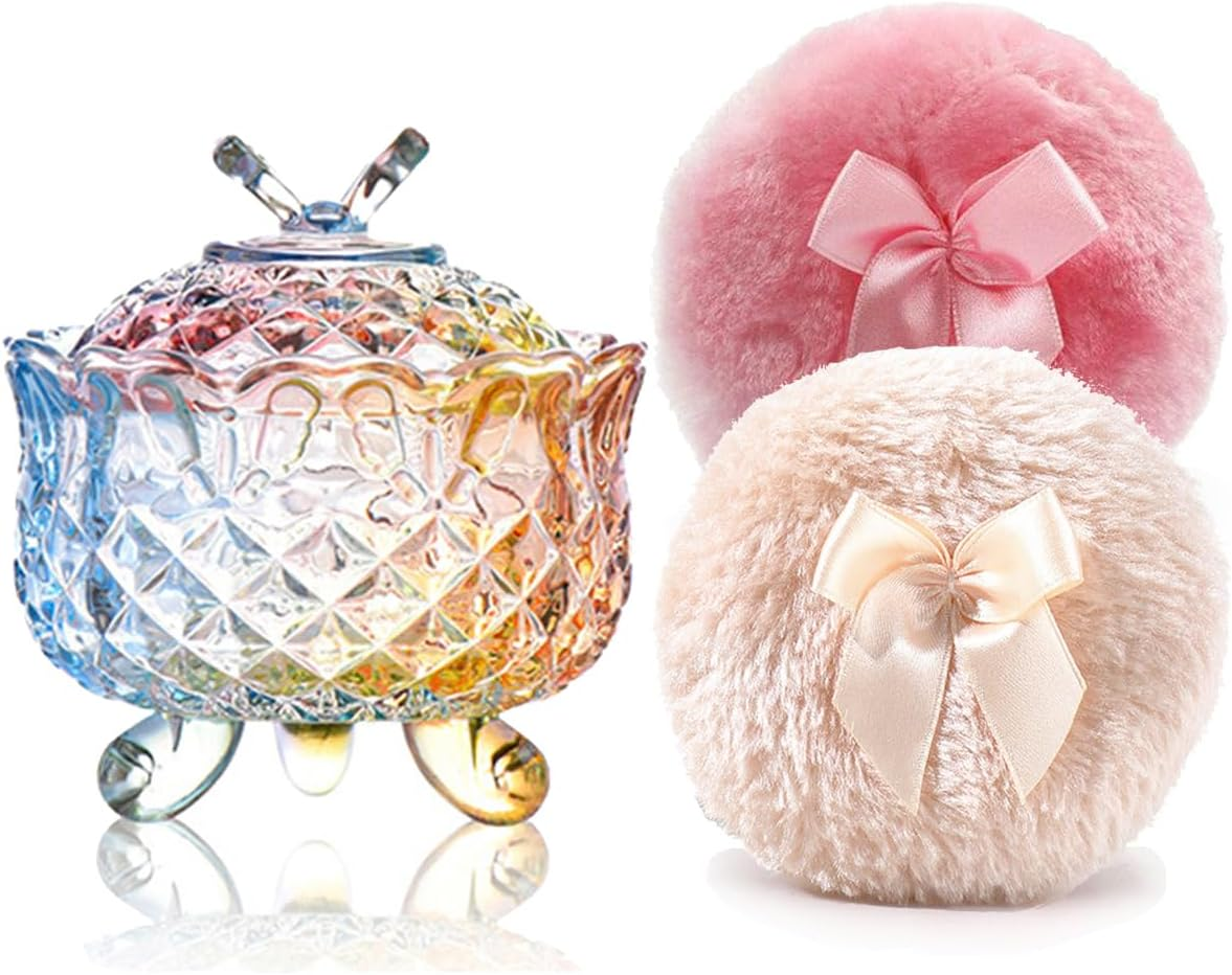 Luxury 4 Inch Glass Loose Powder Container with 2 Soft 3.5" Puffs｜Non-Sealed Refillable Organizer Storage for Body Powder Makeup & Jewelry & Setting Applicator(Crown-Clear)