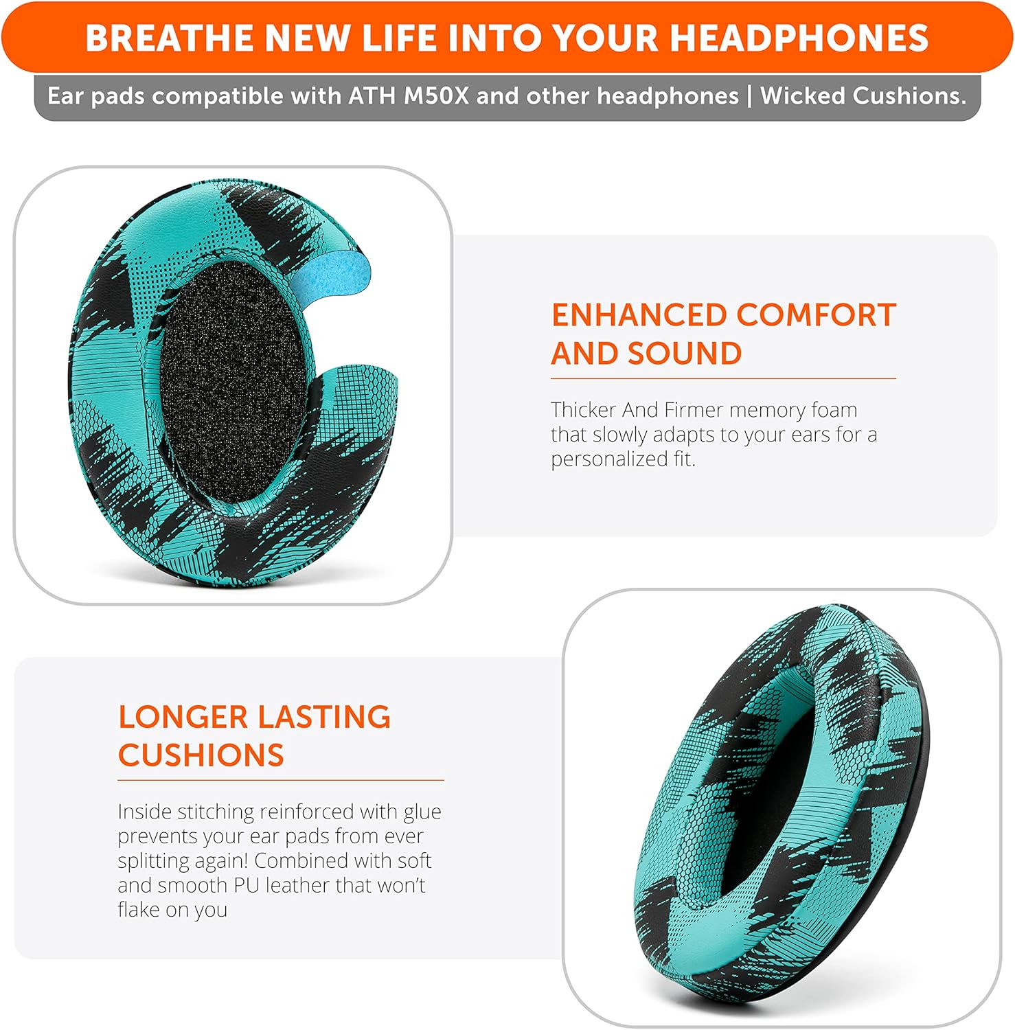 WC Padz - the Ultimate Upgraded Earpads by Wicked Cushions - Compatible with Audio Technica, Hyperx, Steelseries Arctis & More - Extra Thick - Bigger Opening - Softer Memory Foam | Speedracer Cyan - Anthracite image number 6