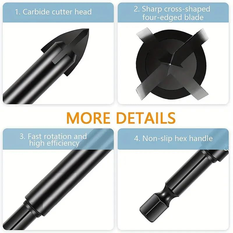 10Pcs Tile Porcelain Drill Bit, 8Mm Carbide Tip Drill Bits, Glass and Tile Drill Bit Set, Hex Shank, Work with Ceramic Porcelain Tile Wall Mirror Paver (8MM 10Pcs) image number 1