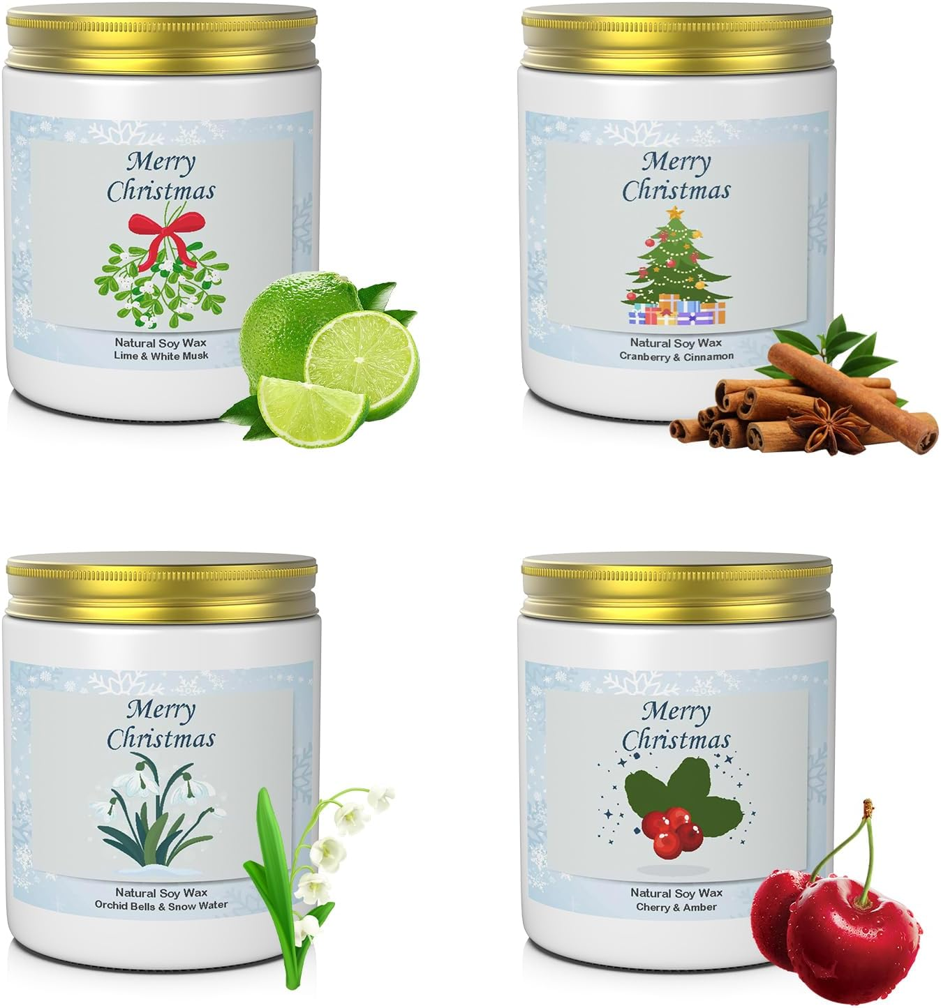 Christmas Candle Gift Set - 4 Pack Soy Wax Candles | Cherry Amber, Cranberry Cinnamon, Lime Musk + Snow Orchid | Home Aromatherapy Holiday Gifts (Christmas Scented Candles Set) image number 3