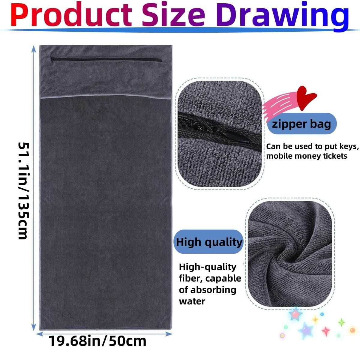 KLHCDUO Gym Towel with Zipper Pocket,53Inx19.7In, Suitable for Fitness Training and Sports, Microfiber Towel, Quick-Drying and Absorbent Sports Towel, Sweat Towel, Gym Beach Yoga Camping (Gray) image number 3