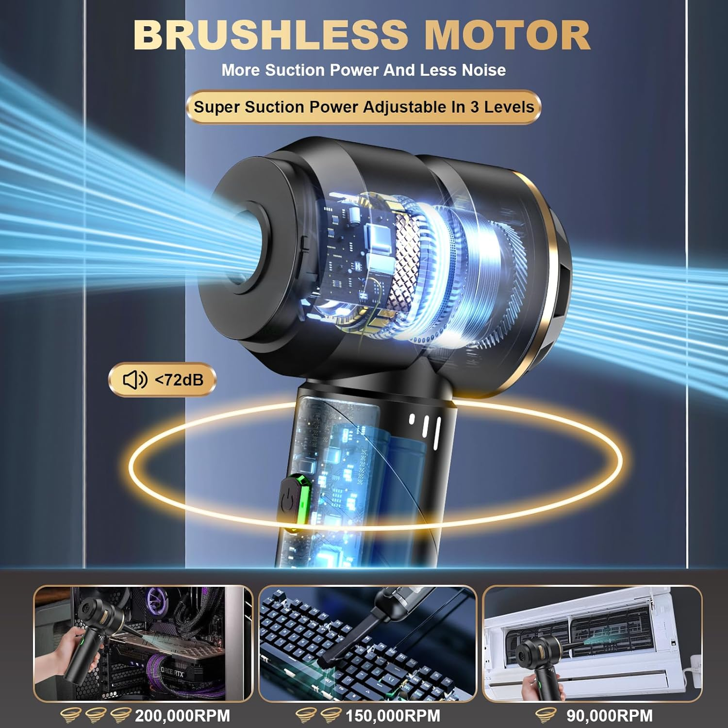 Car Vacuum Cleaner Cordless, Handheld Vacuum 25000PA High Power Suction, 4-In-1 Compressed Air Duster & Air Blower & Pump, Portable Vacuum Cleaner with 3 Gears for Home, Pet, Keyboard image number 2