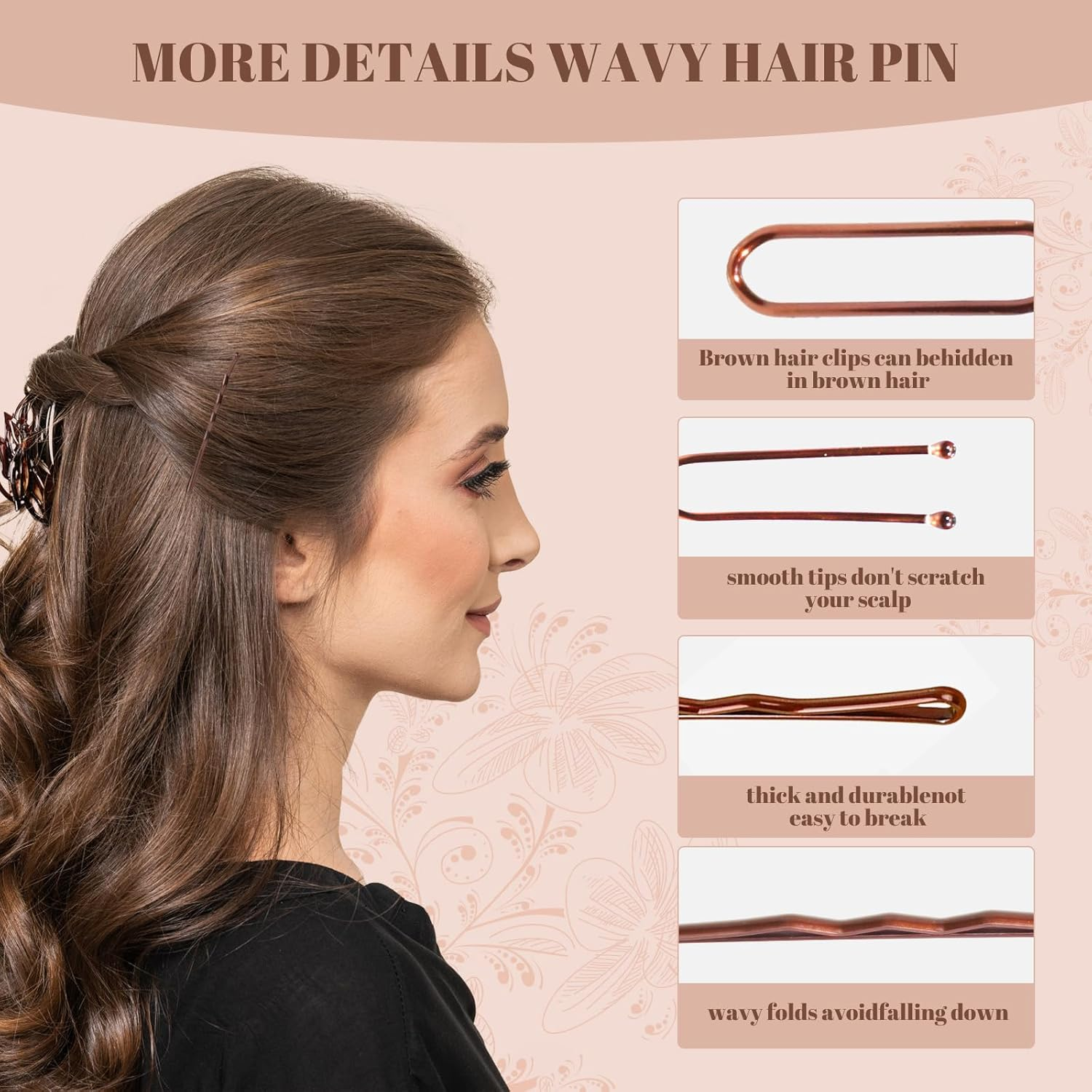 Axinost Pack of 300 Hair Pins, Metal Wave Shape Hair Clips, Bobby Pins, U Hair Clips, Hair Pins, Hair Scrunchie, with Storage Box for Children, Girls, Hairdressing Salon (Black and Brown) image number 3