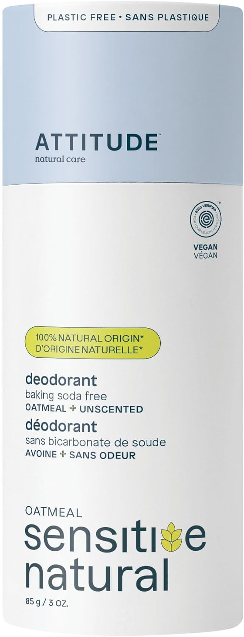 ATTITUDE Baking Soda Free Deodorant for Sensitive Skin with Oatmeal, EWG Verified, Aluminum Free, Plastic-Free, Unscented, 85 Grams