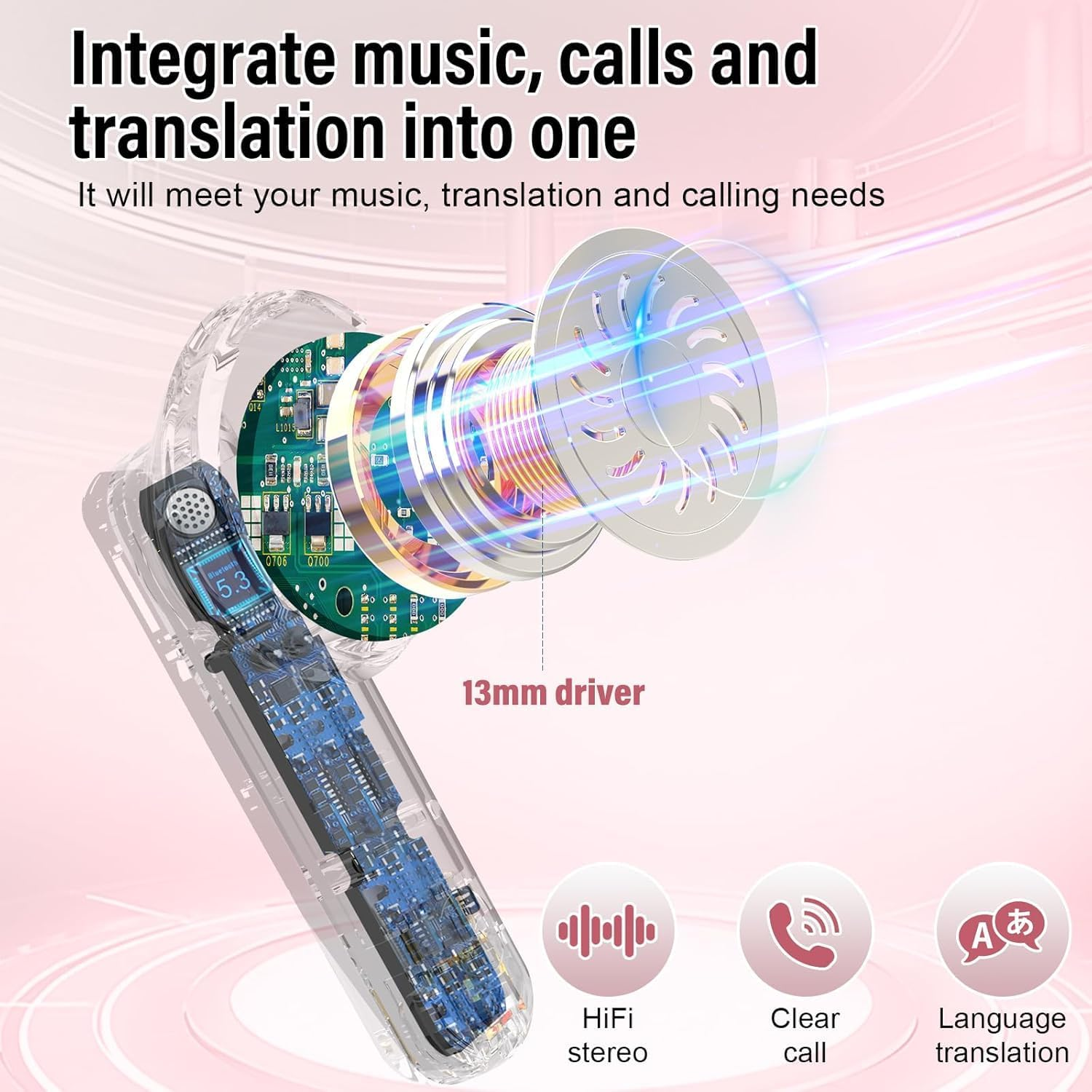 AI Language Translator Earbuds with Audio and Video Calls, 3-In-1 Bluetooth 5.3 Translation Earbuds with 164 Real Time Languages Pink image number 4