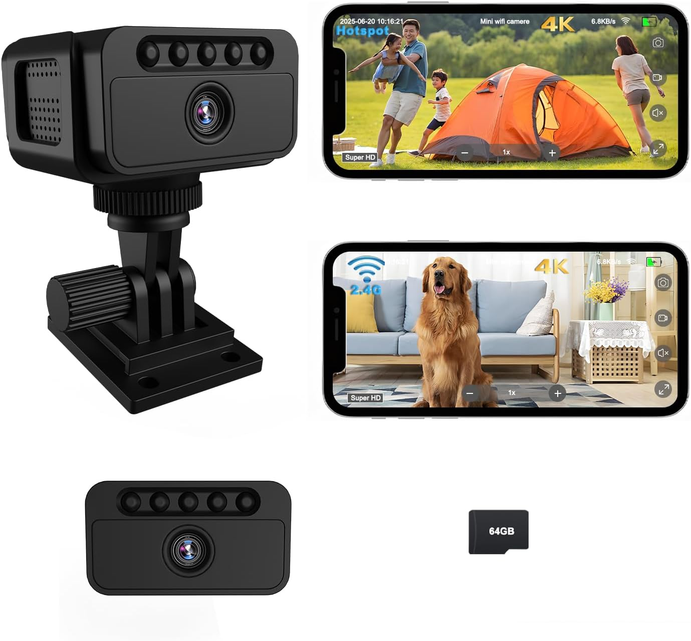 No Wifi Security Camera, Veralyxa 4K Spy Camera, Wifi/Hotspot/No Wifi Available, Built-In 64GB TF Card, Night Vision, Motion Detection, Mini Wireless Cameras for Home Indoor Outdoor Security(Black) image number 4