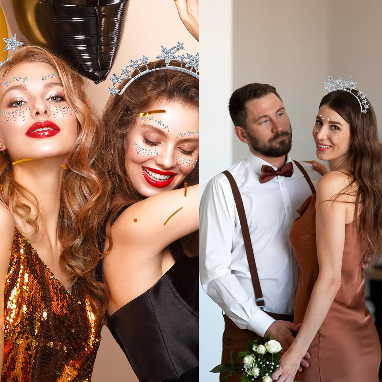 Yeenao Stars Headband Silver Stars Headband Rhinestone Hair Band Face Tattoo Carnival Halloween Birthday Party Costume Headband Glitter Hair Accessories for Women Girls image number 4