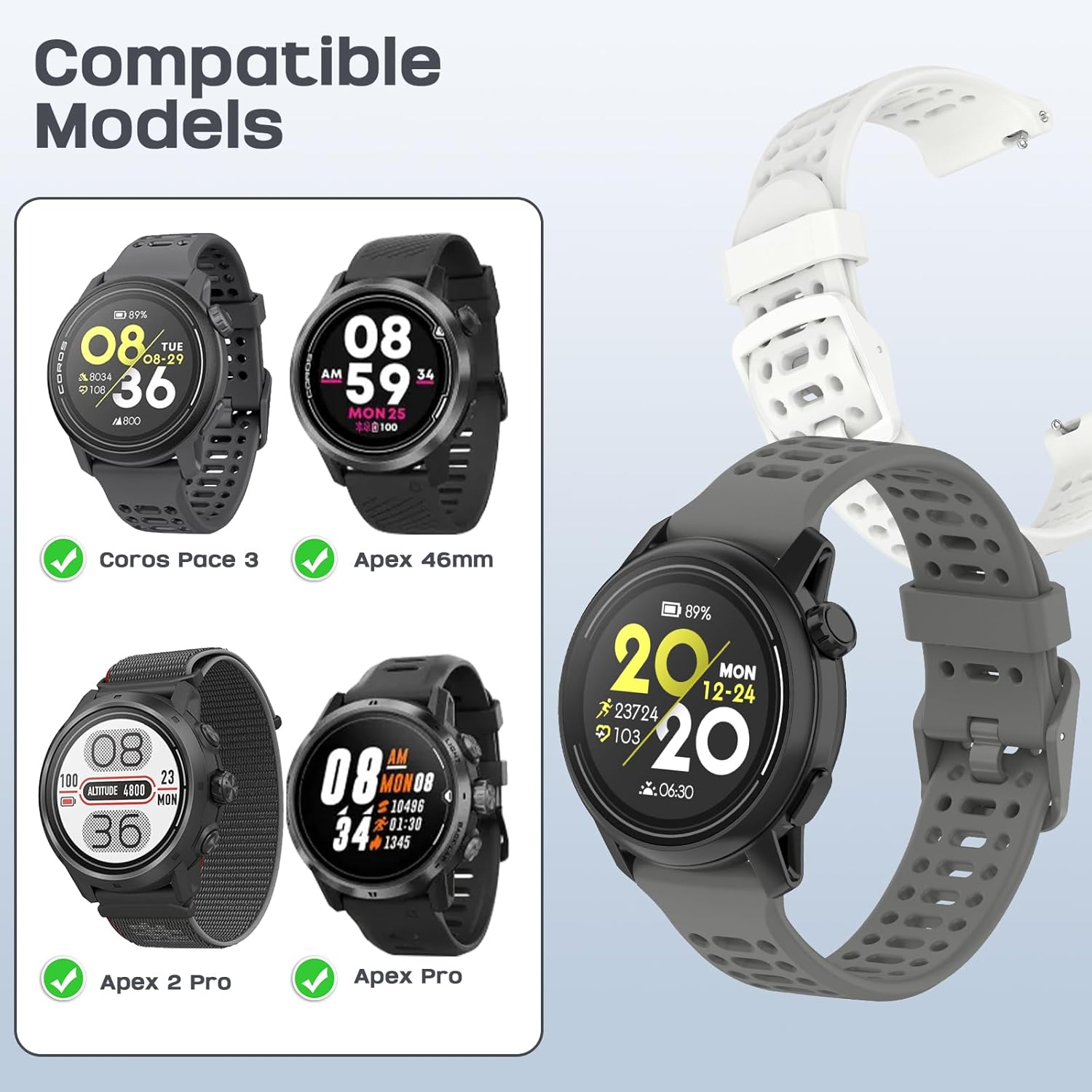 CHULN Pack of 2 Silicone Wristbands Compatible with Coros Pace 3/Apex 2 Pro/Apex Pro/Apex 46 Mm, 22 Mm Adjustable Sports Replacement Strap for Coros Pace 3 image number 4