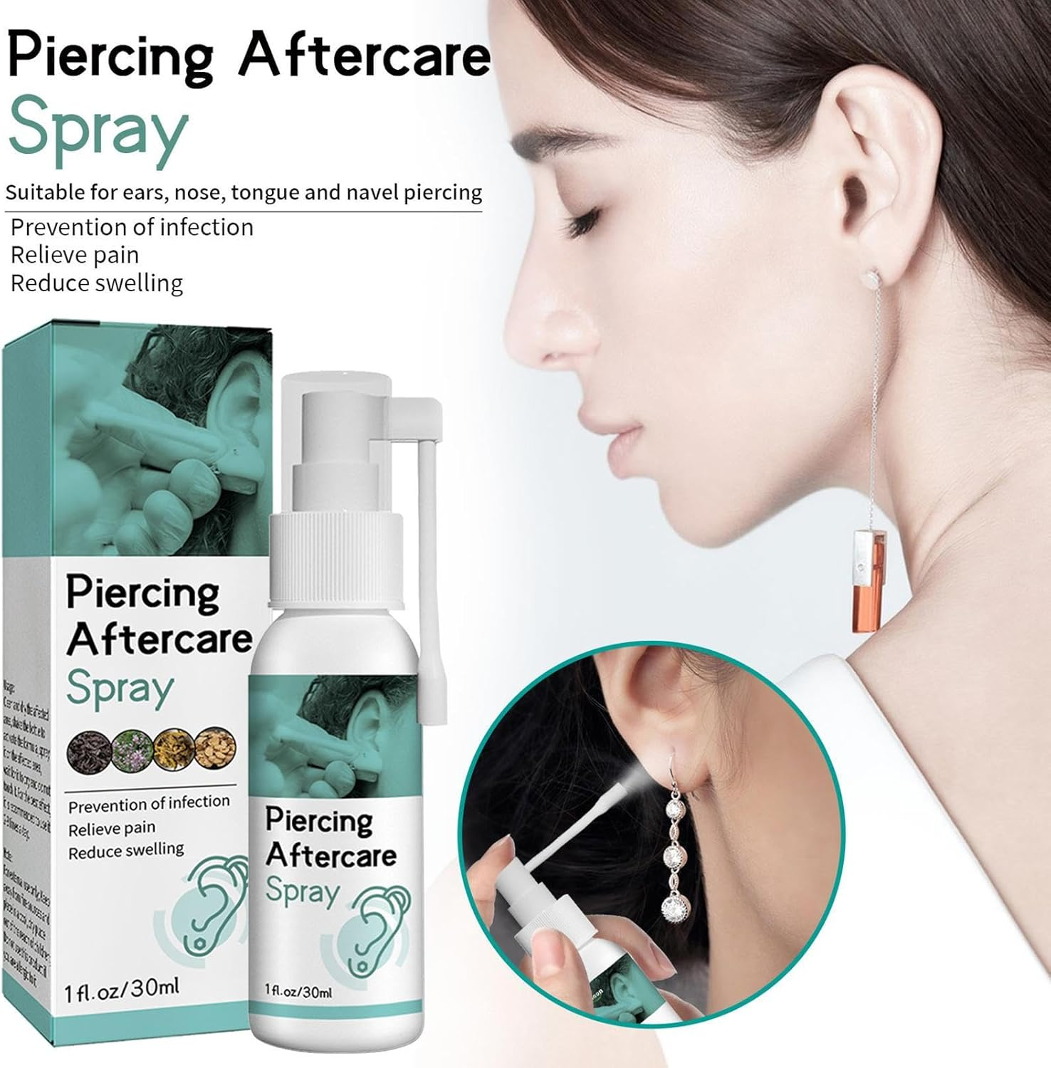Piercing Aftercare Spray, Earring Cleaning Solution, Gentle Ear Hole Cleaner for Ear Piercing Solution, Cleansing Care, Soothing Mist, Shrink Bumps for Ears, Nose, Tongue, Navel Piercings, 30Ml image number 2