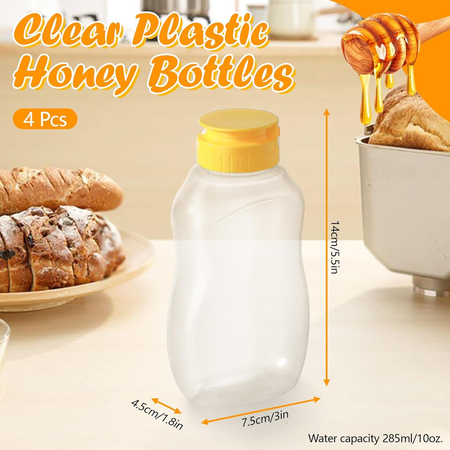 Sekonow 4Pcs 10Oz Clear Plastic Honey Bottles, Refillable Empty Honey Container, Honey Squeeze Bottle Jar with Leak Proof Flip-Top Lids for Storing and Dispensing, Dishwasher Safe image number 1