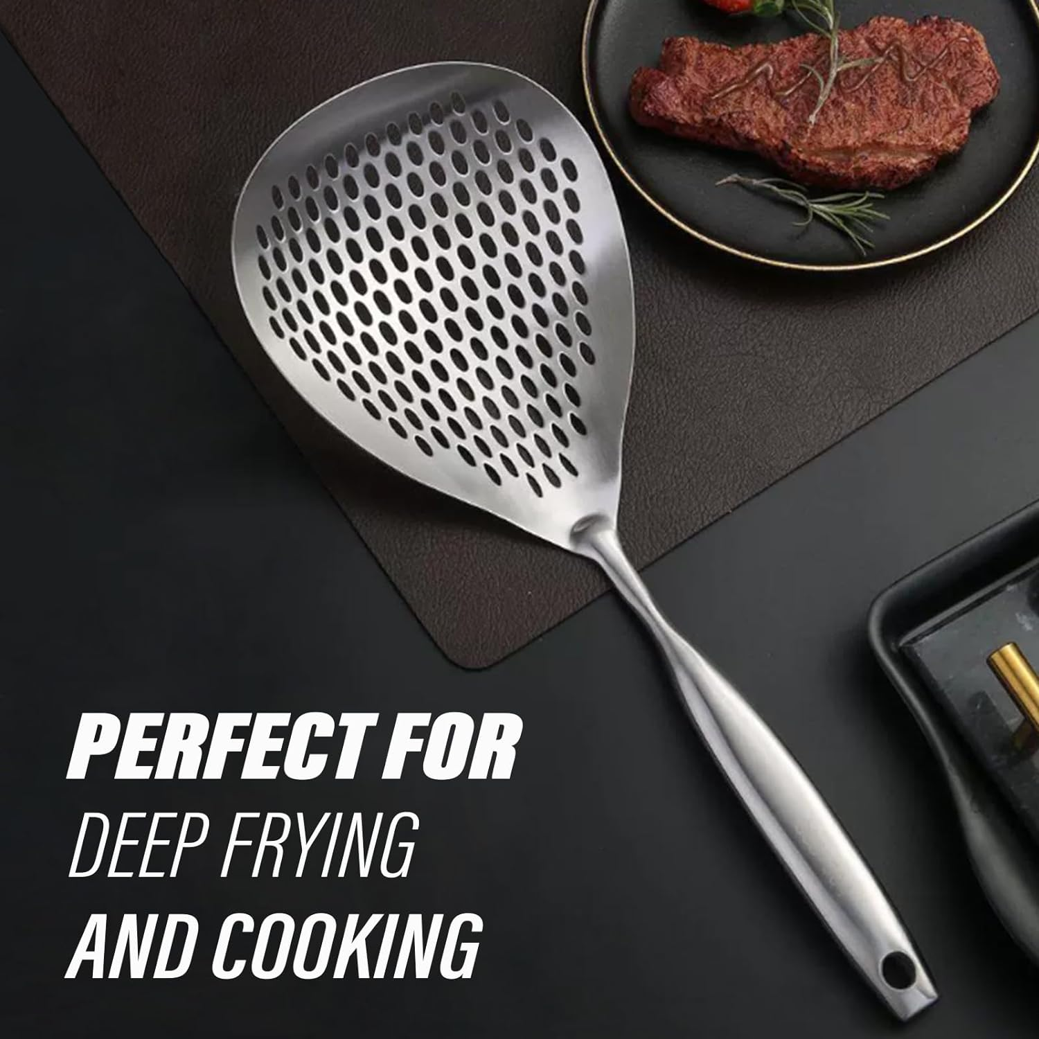 KAYCROWN Skimmer Slotted Spoon, 304 Stainless Steel Skimmer Ladle Spoon Spider Strainer for Cooking and Frying, Pasta Strainer Spoon Frying Kitchen Cooking Colander image number 4