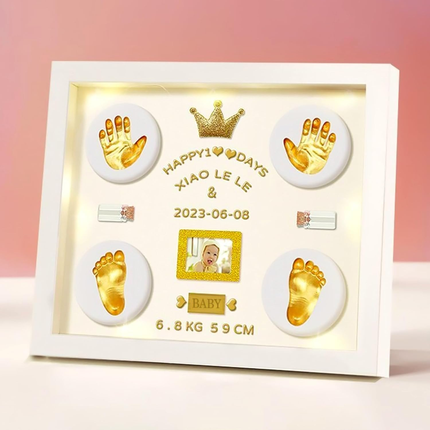 Mcstars Baby Handprint and Footprint Ink Pad Frame - Personalized Keepsake Kit with Gold Lettering and Organic Glass Display Perfect for Newborns Modern White Design Ideal Baby Memory Gift Nursery