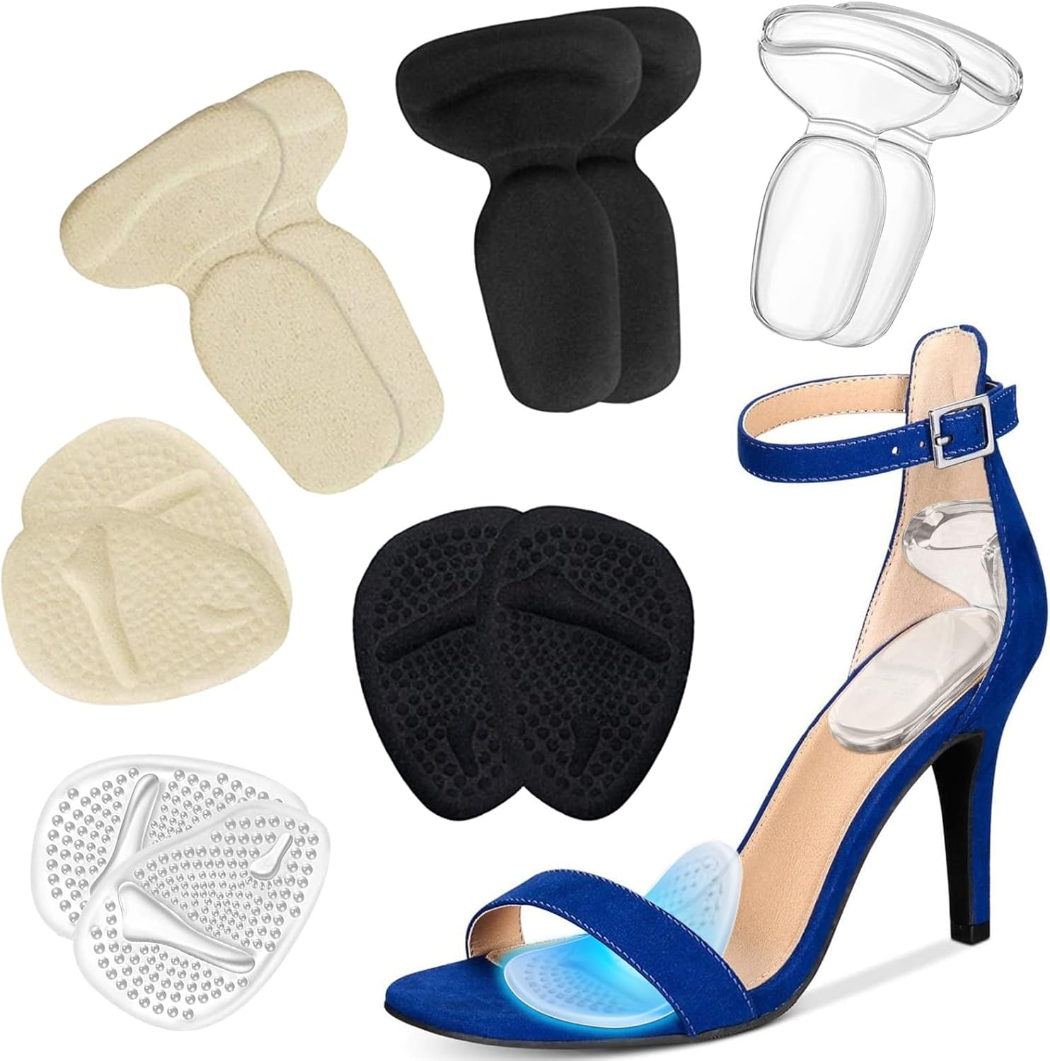 Heel Cushion Inserts and Metatarsal Pads for Women, 3 Pairs Heel Grips and 3 Pairs Ball of Foot Cushions, Silicone Shoe Pads Insoles for High Heels, Blister Prevention for Too Big Shoes