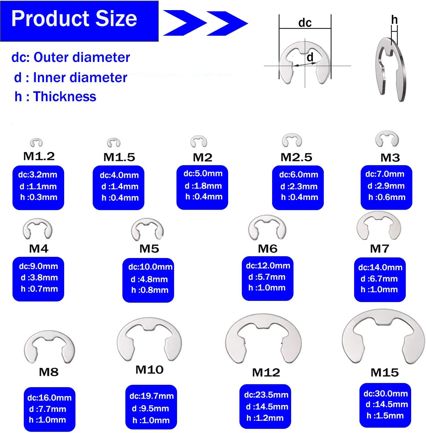 290Pcs 304 Stainless Steel E-Clip Assortment Kit, External Retaining Ring Assortment Set, Snap Ring Clip, 13 Sizes 1.2-15Mm E Circlip Retainer Rings for Bearings, Gears, Pulleys and Axles image number 6