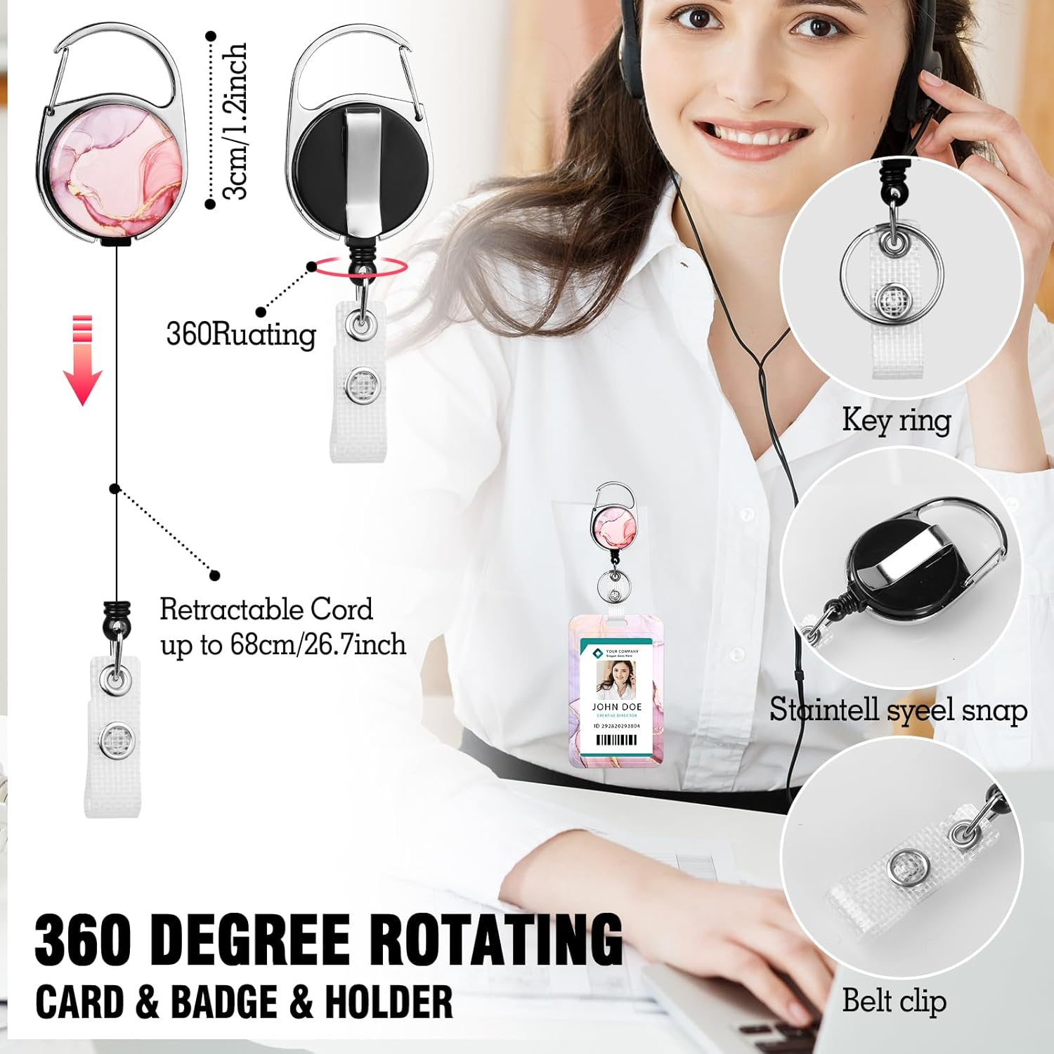 Hianjoo Badge Holder Retractable with Lanyard, ID Card Holder with Belt Clip Carabiner Retractable Reel Neck Lanyard Pull Cord for Students Office Staff, Red Marbling - Blue Stripes image number 2