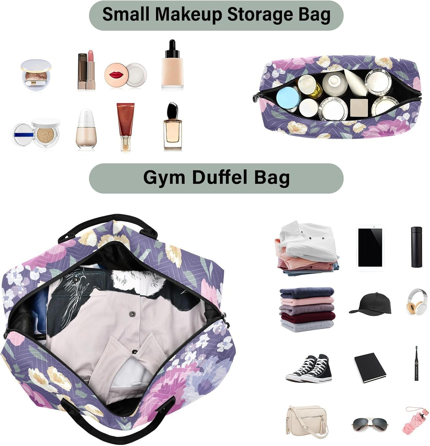 Overnight Travel Duffel Bag Weekender Bag Flowers Floral Farmhouse Eclectic Large Gym Bag with Toiletry Bag For, Flowers Floral Farmhouse Eclectic, Set of 2, Art Deco