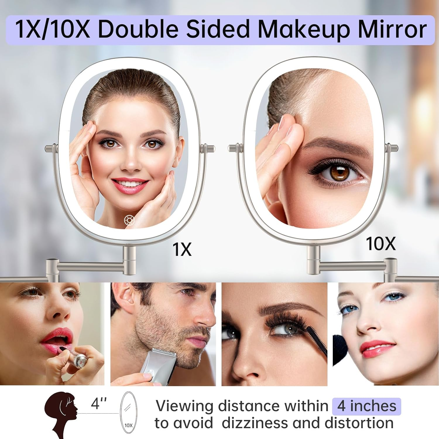 FUNTOUCH Rechargeable Wall Mounted Lighted Makeup Mirror, Oval Double-Sided Mirror 1X/10X Magnifying Mirror,3 Color Lights Touch Screen Dimmable 360&deg;Swivel 13 Inch Extendable,Nickel image number 6