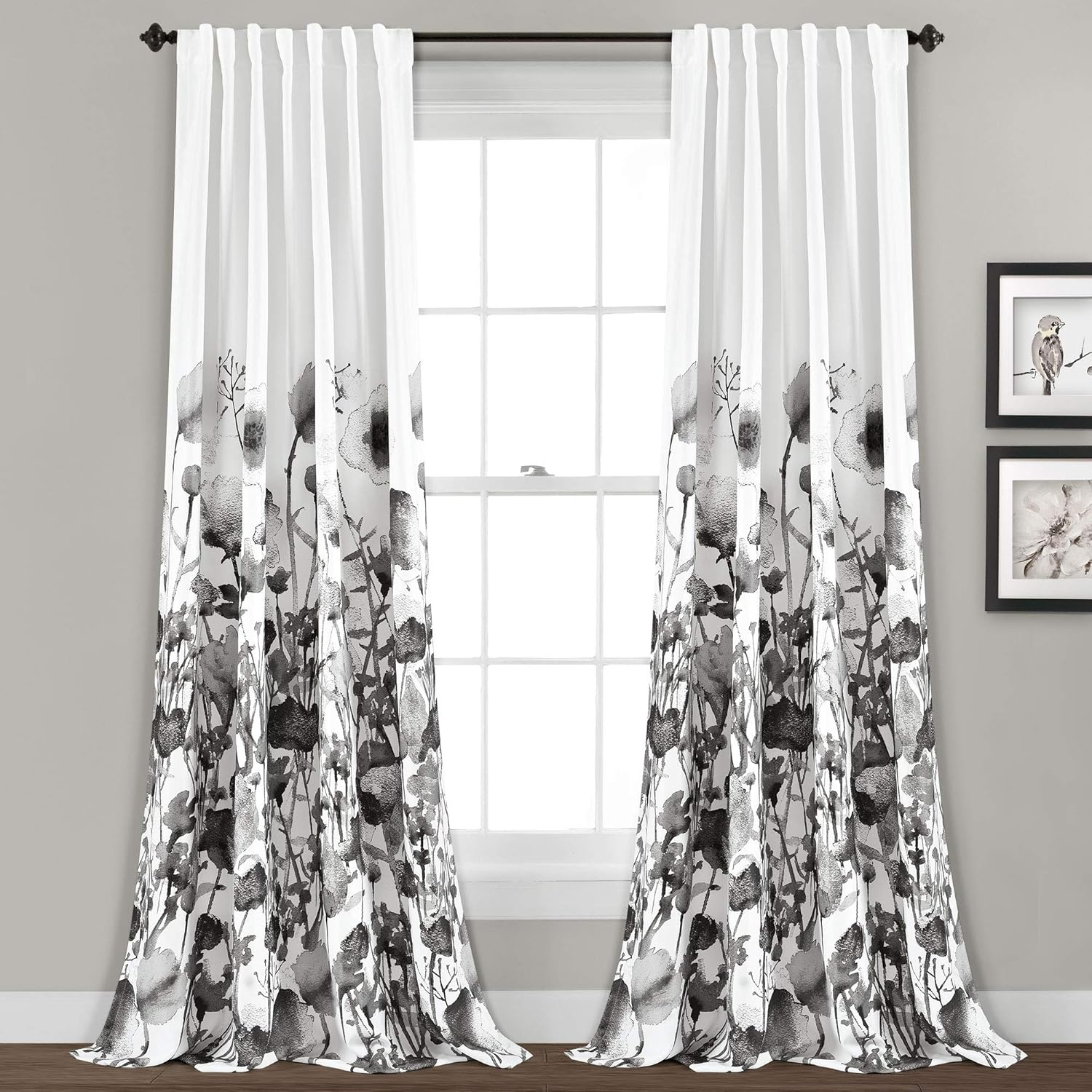 Lush Decor Lush D&Eacute;COR, Navy Zuri Flora Curtains Room Darkening Window Panel Set for Living, Dining, Bedroom (Pair), 84&rdquo; X 52