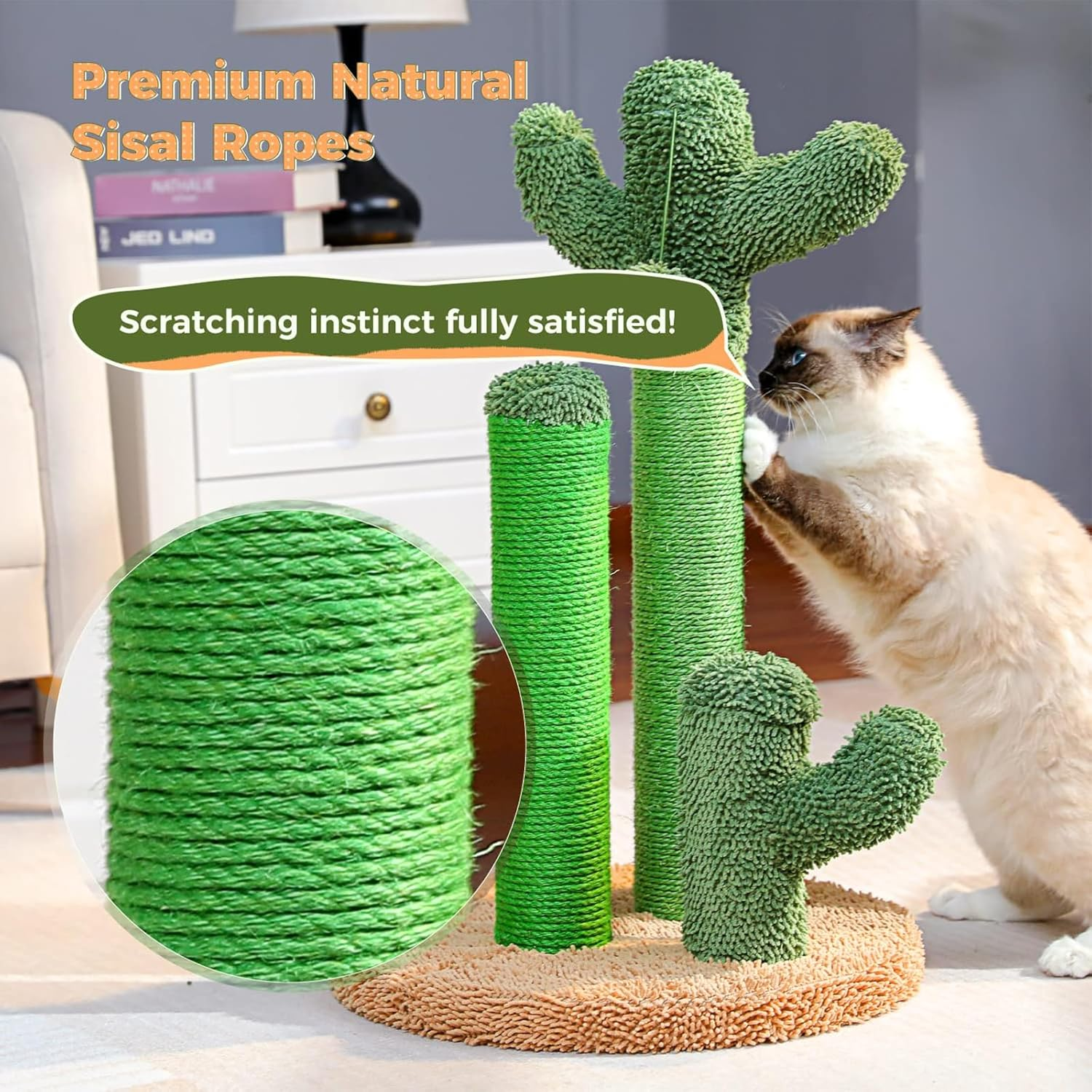 Cozioz Cactus Cat Scratching Post - Medium 53Cm - 3 Scratching Poles with Interactive Dangling Ball ，Cat Tree
