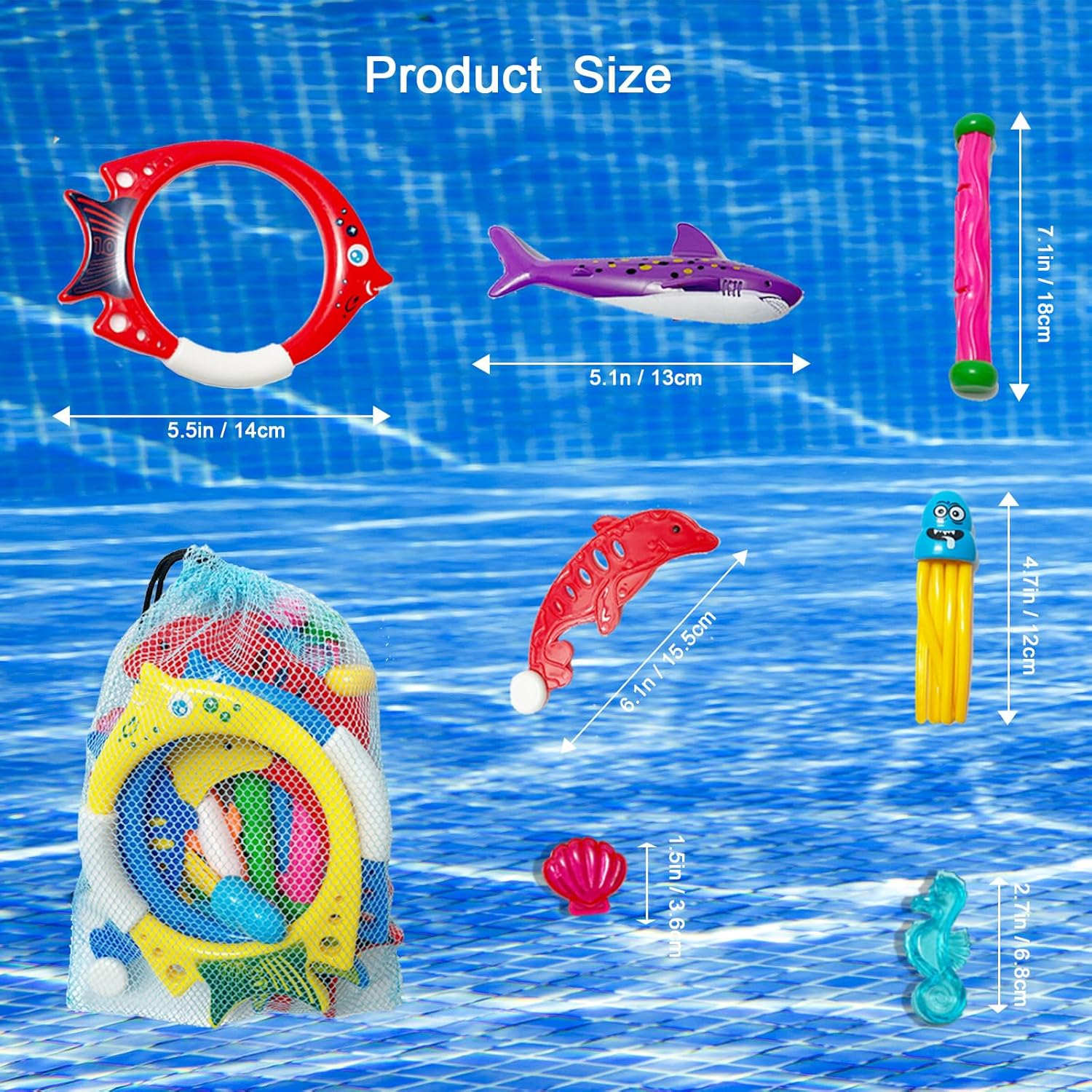 25Pcs Diving Pool Toys Set with Diving Stick Shark Diving Rings Gemstone Dolphin Underwater Swimming Pool Toys for Diving Game Kit with a Storage Net Bag image number 3